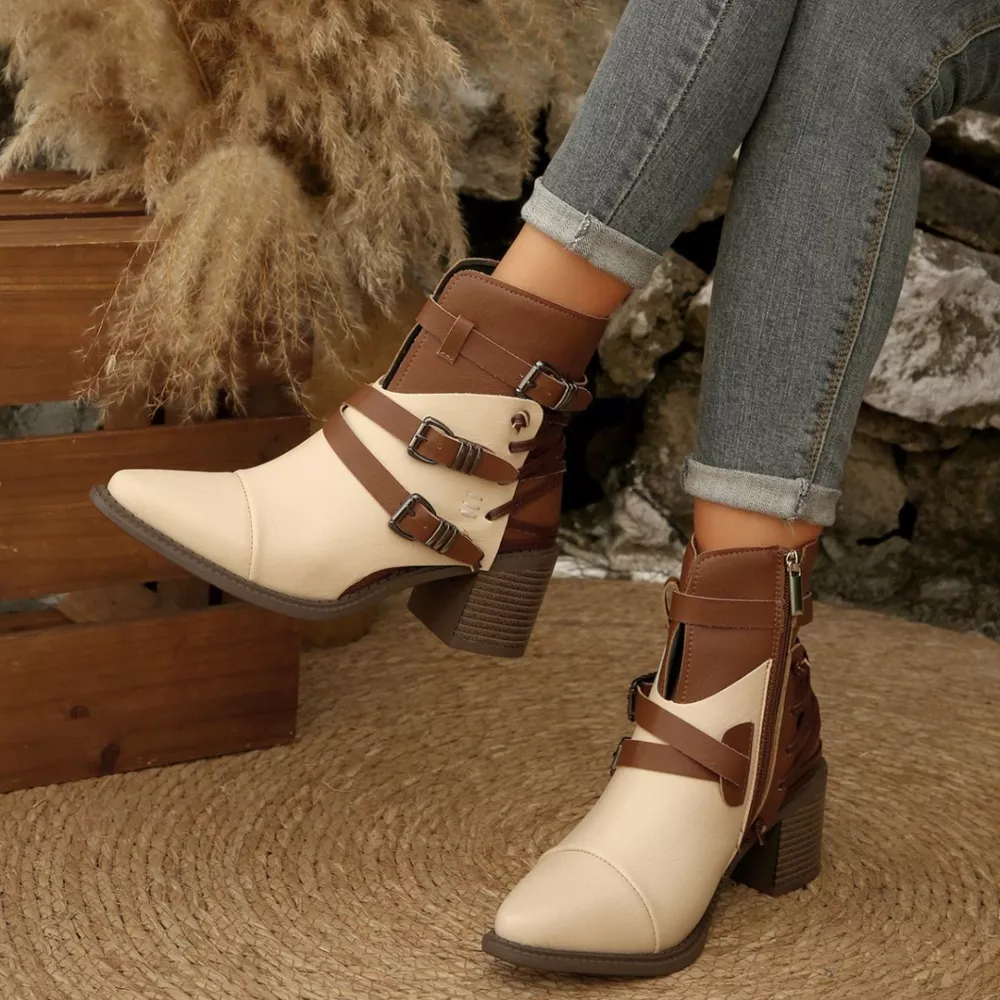 Point Toe Buckle Strap Ankle Boots with Block Heels, image 10