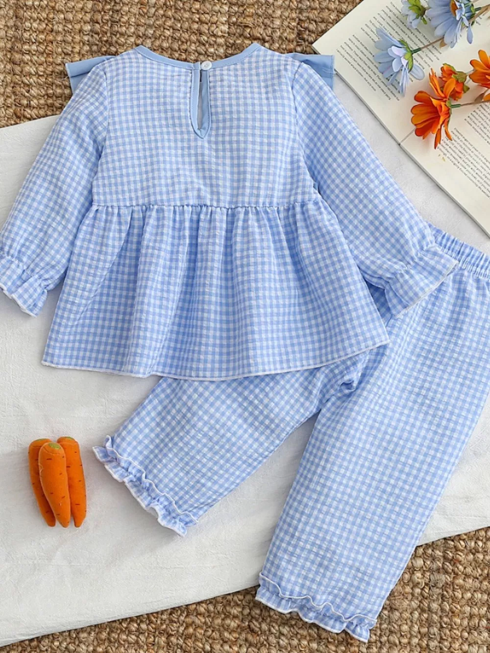 Children's Carrot Embroidered Gingham Top and Pants Set, image 6