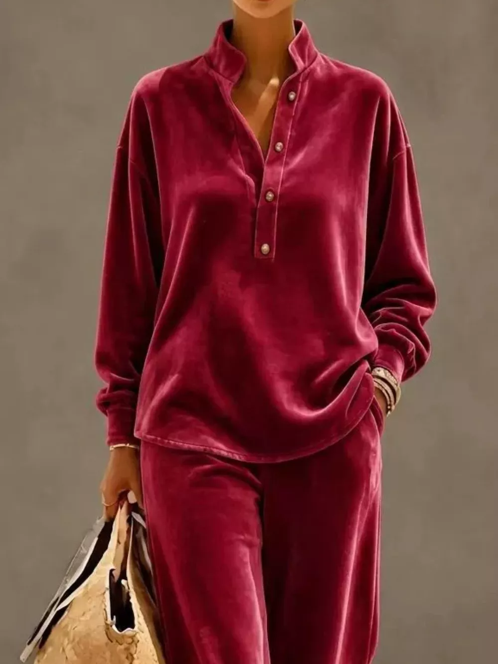 Full Size Half Button Top and Wide Leg Pants Set Plus Size, image 12