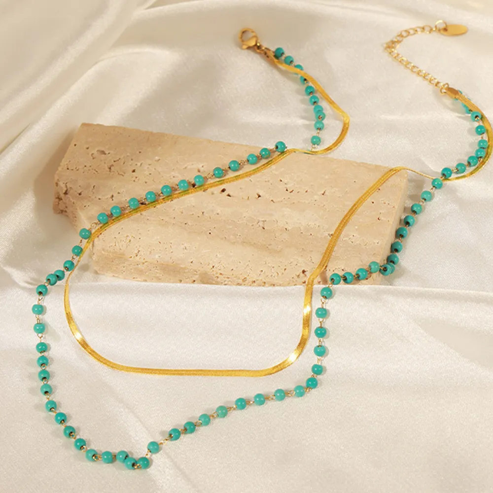 Turquoise Titanium Steel Double-Layered Necklace, image 5