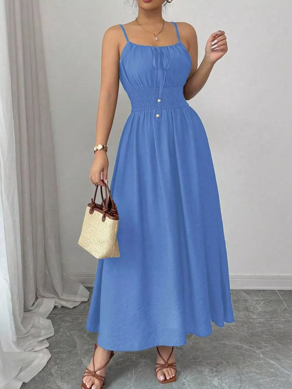 Smocked Spaghetti Strap Midi Dress, image 5
