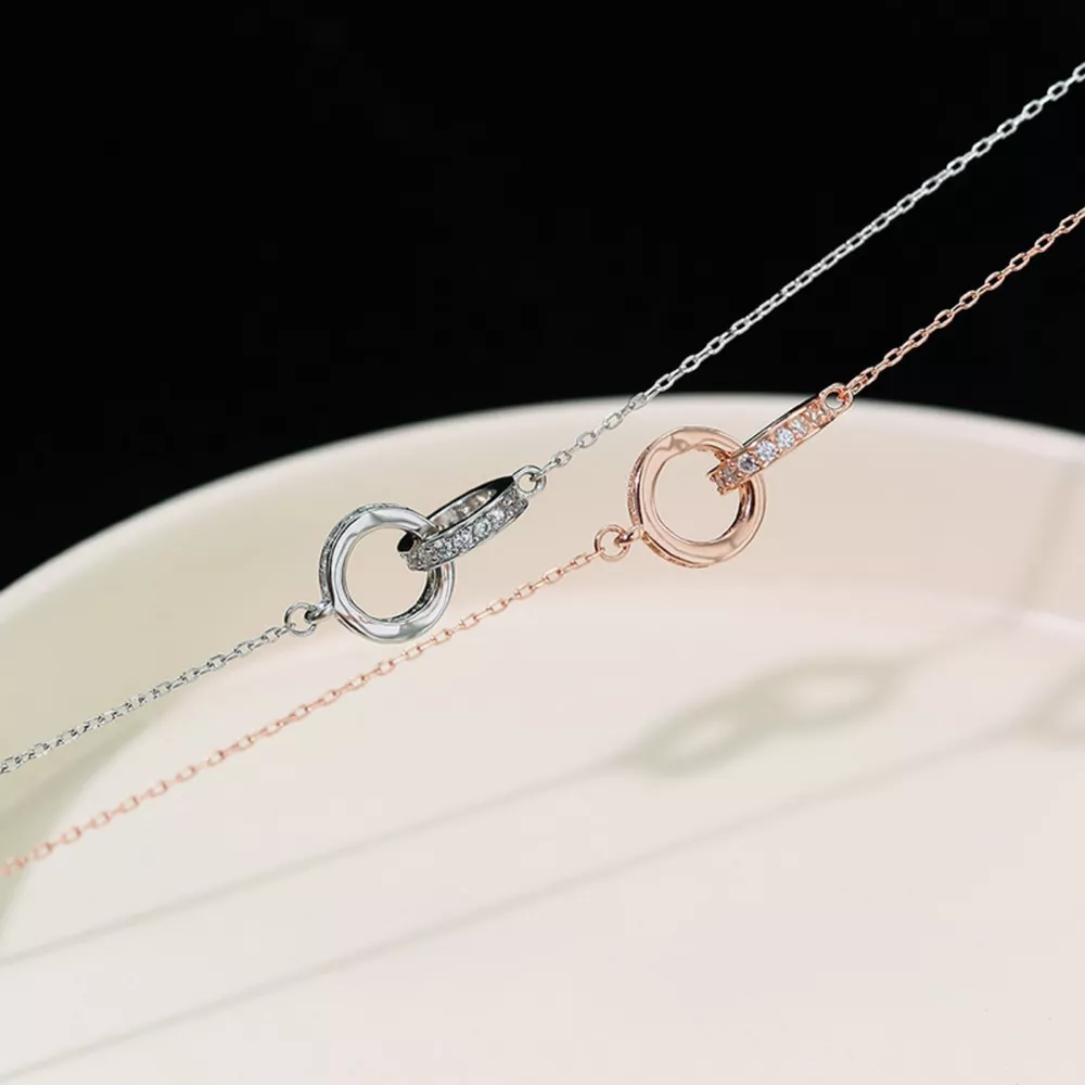 925 Sterling Silver Double Circle Pendant Necklace, image 3