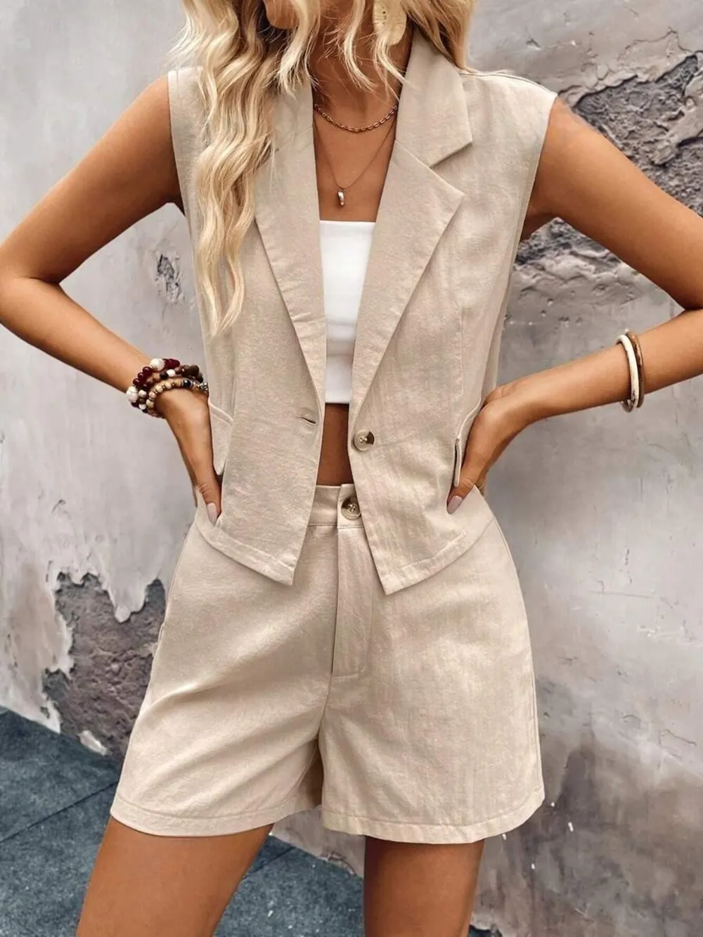 One Button Sleeveless Top and Shorts Set, image 2