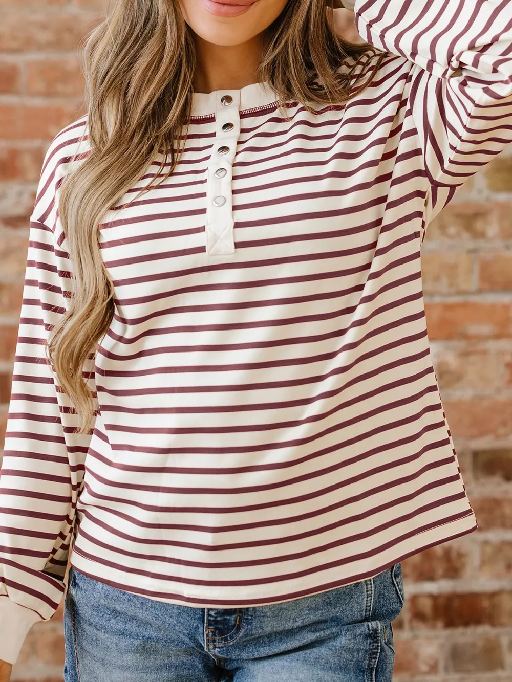 Striped Drop Shoulder Long Sleeve Henley Top, image 7