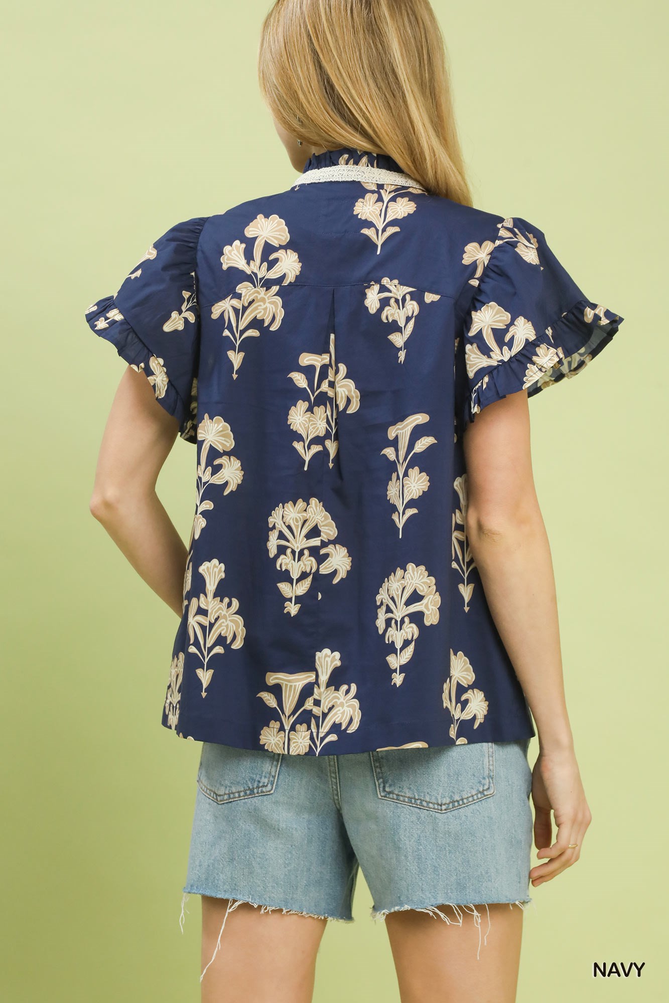 Floral Ruffle Sleeve Split-Neck Top, image 4