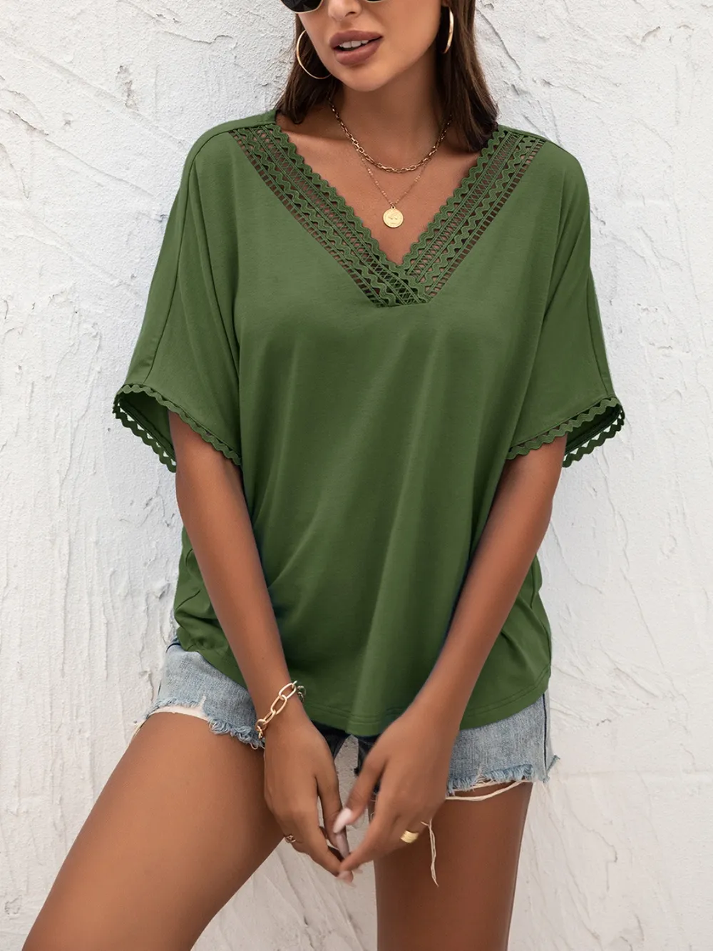 Lace Detail V-Neck T-Shirt, image 2