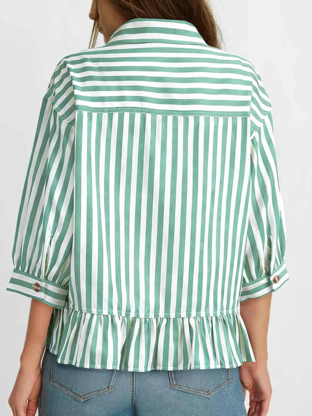 Striped Ruffle Hem Button-Down Shirt, image 16