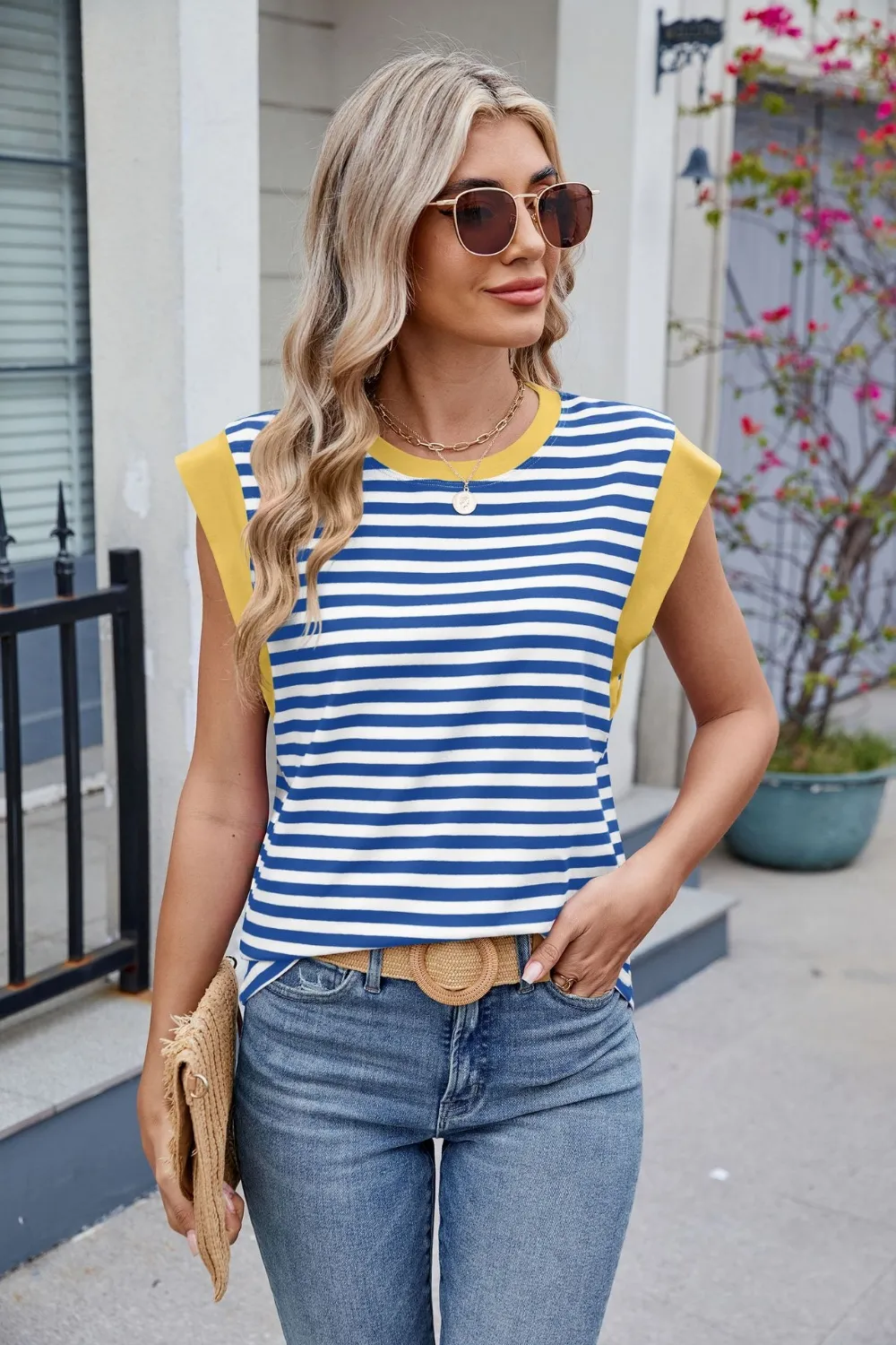 Contrast Striped Round Neck T-Shirt, image 20