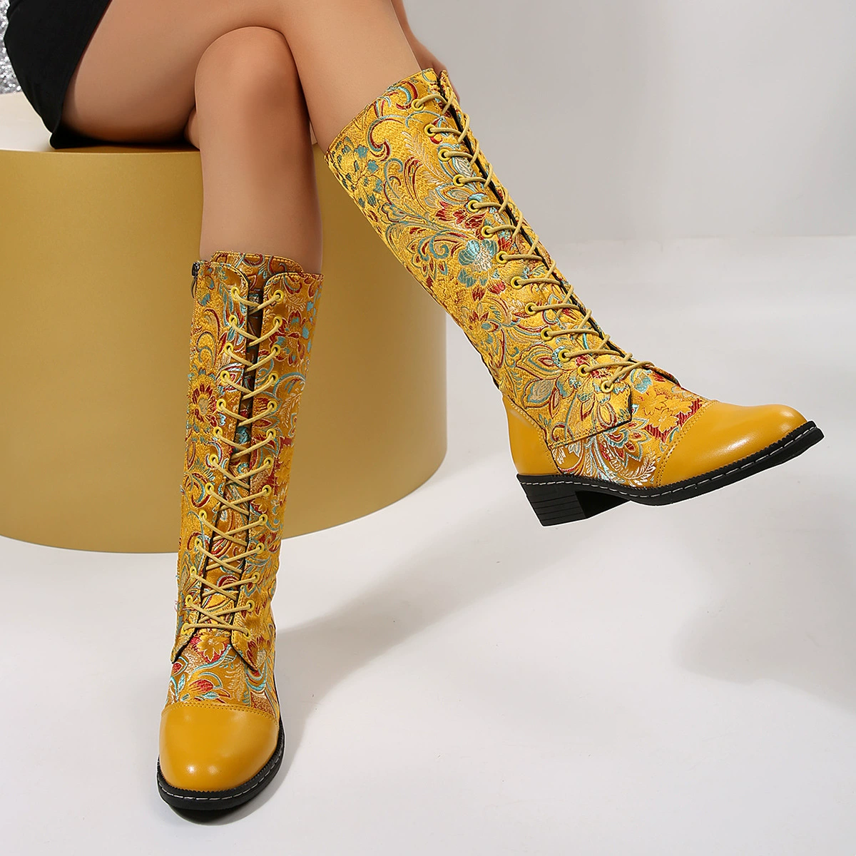 Embroidered Lace-Up Block Heel Boots, image 11