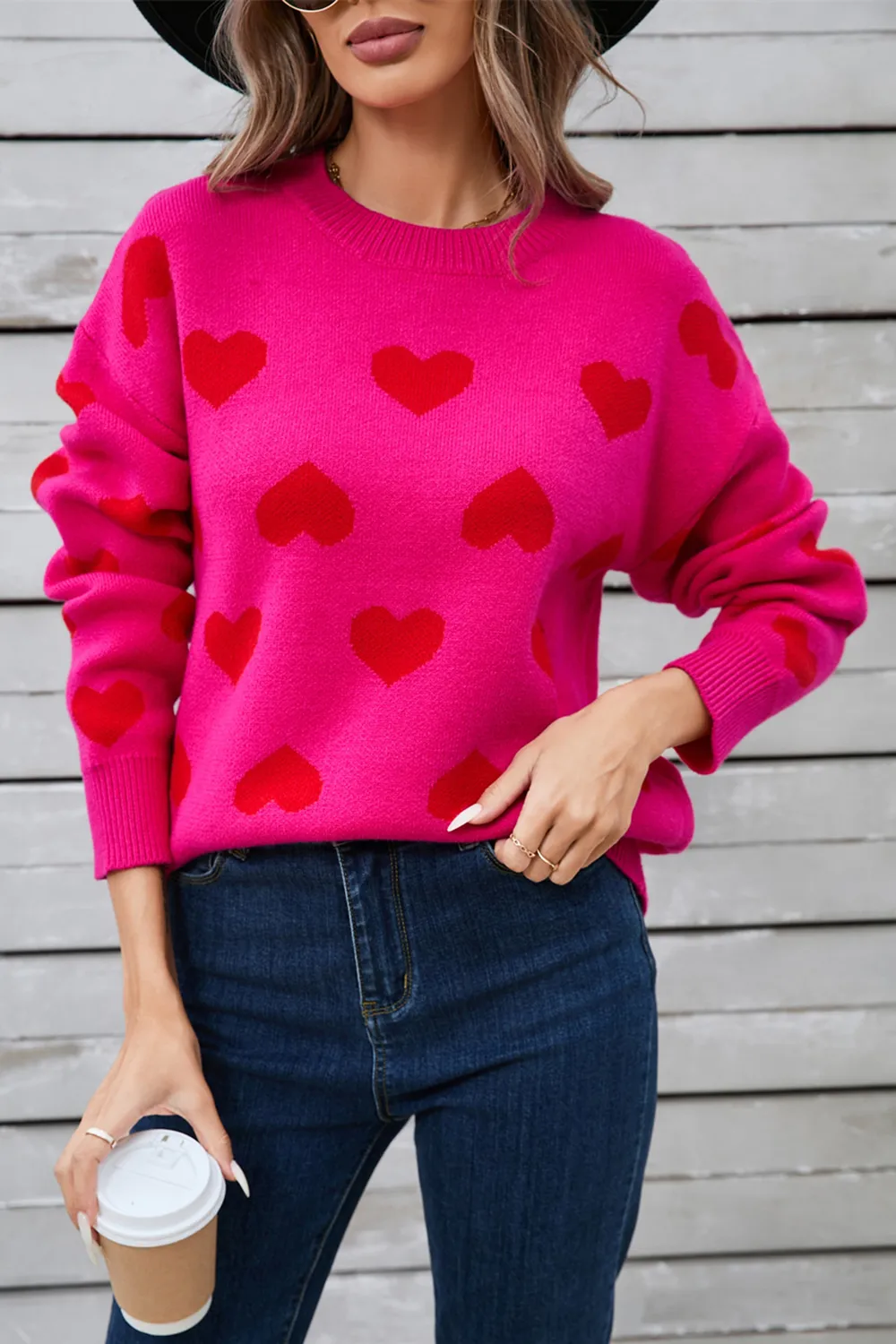 Heart Round Neck Long Sleeve Sweater, image 11