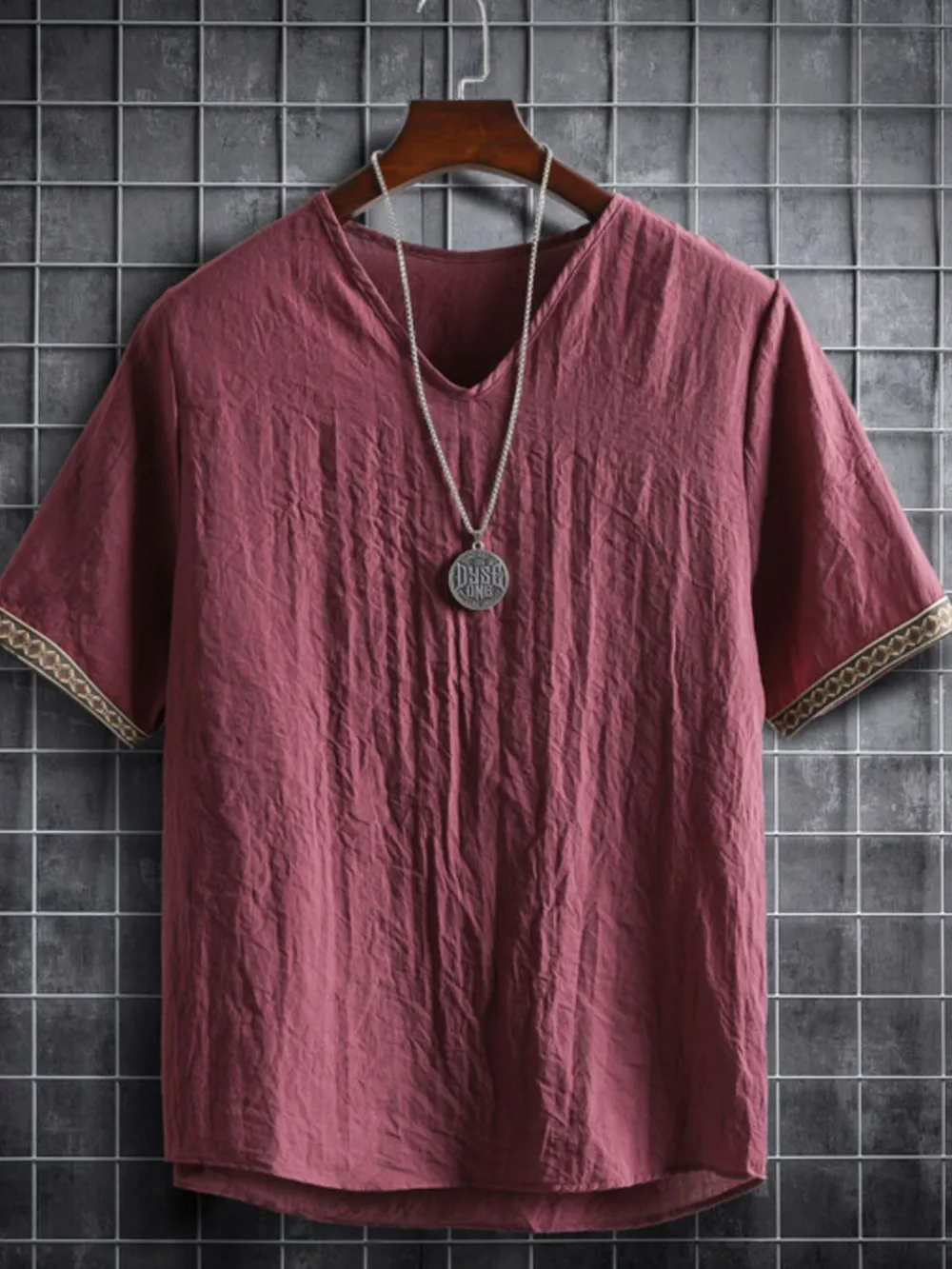 Men's Plus Size Texture Short Sleeve Top with Ethnic Trim, image 11