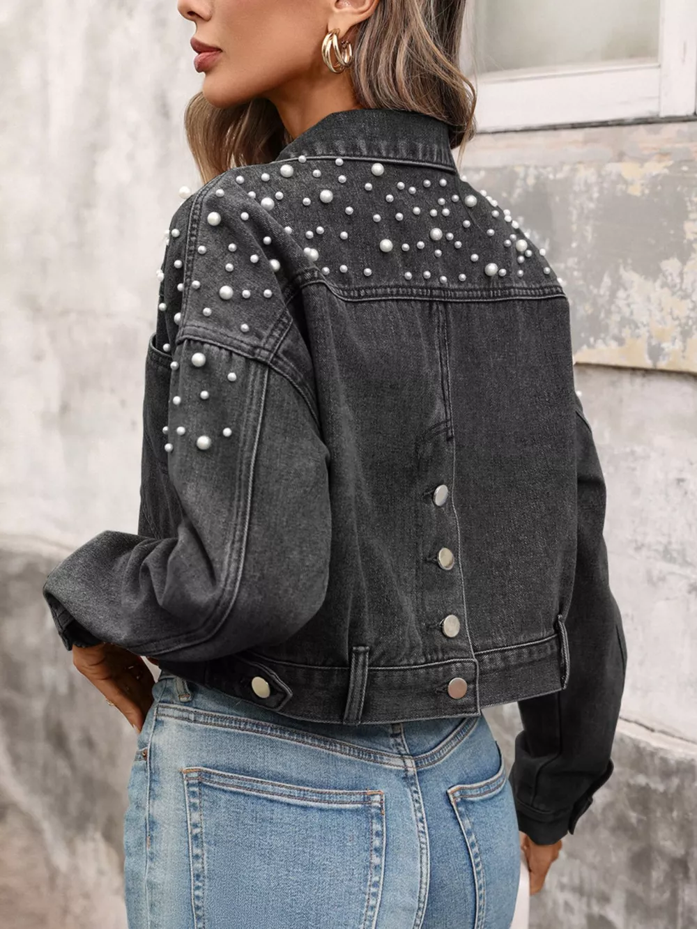 Pearl Embellished Cropped Denim Jacket, image 6