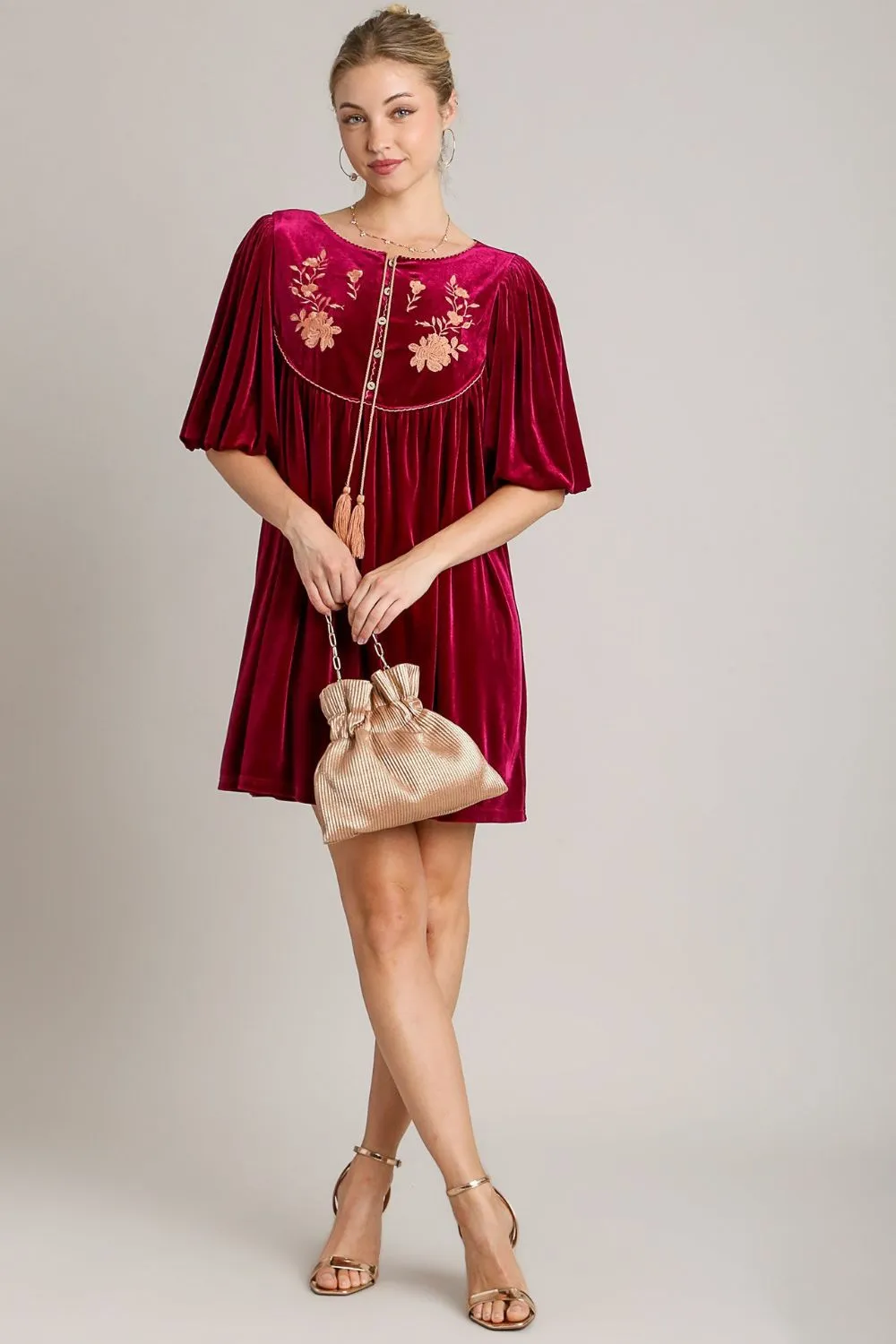 Embroidered Half Sleeve Velvet Mini Dress with Tassel, image 4