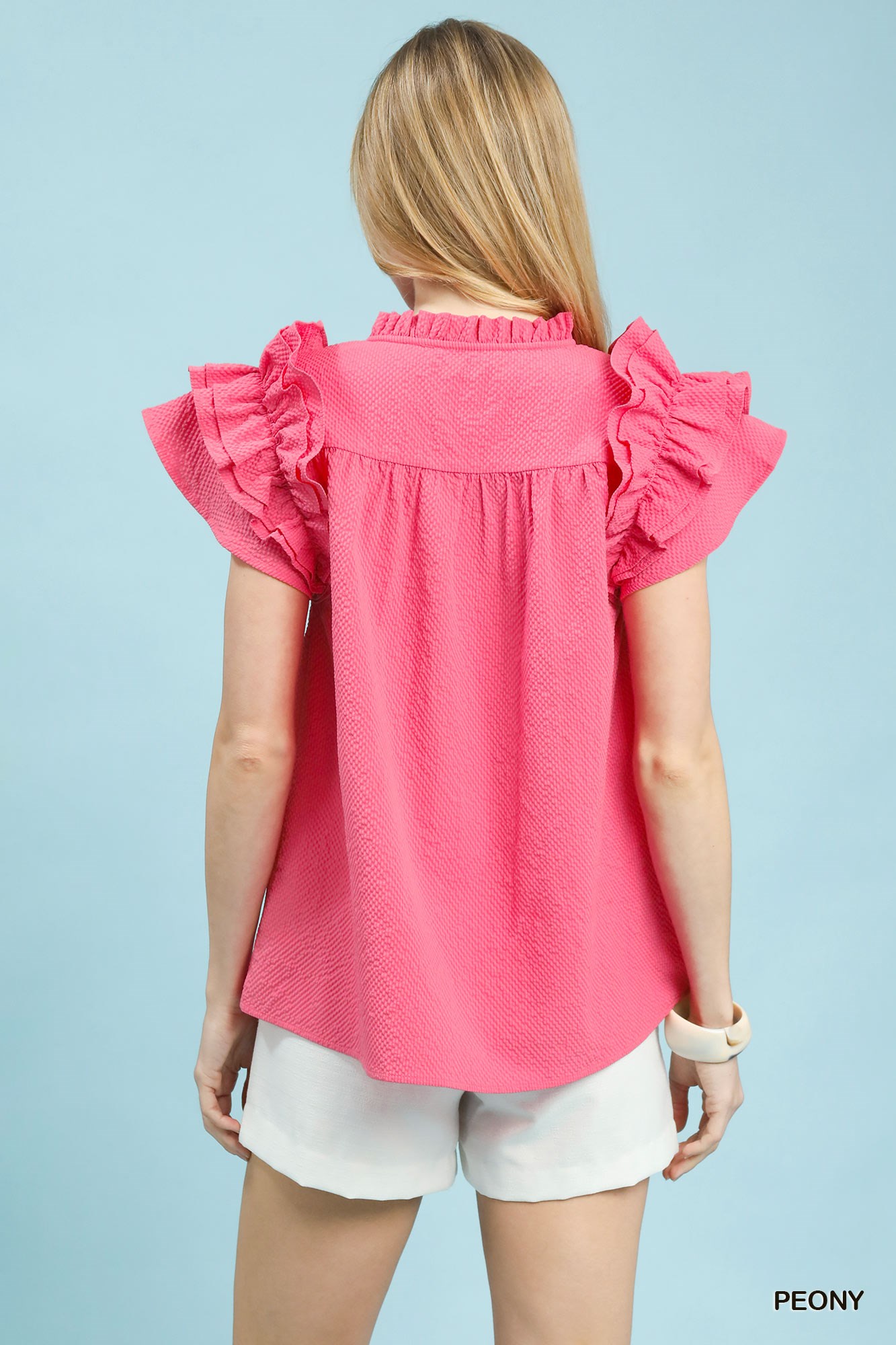 Textured Ruffle Sleeve Notched Top, image 4