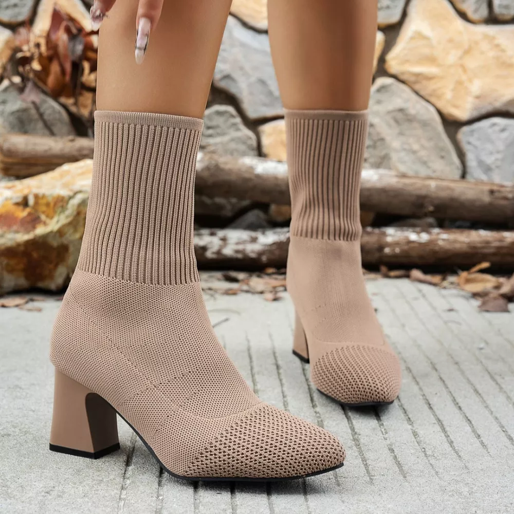 Point Toe Knit Sock Boots with Block Heels, image 8