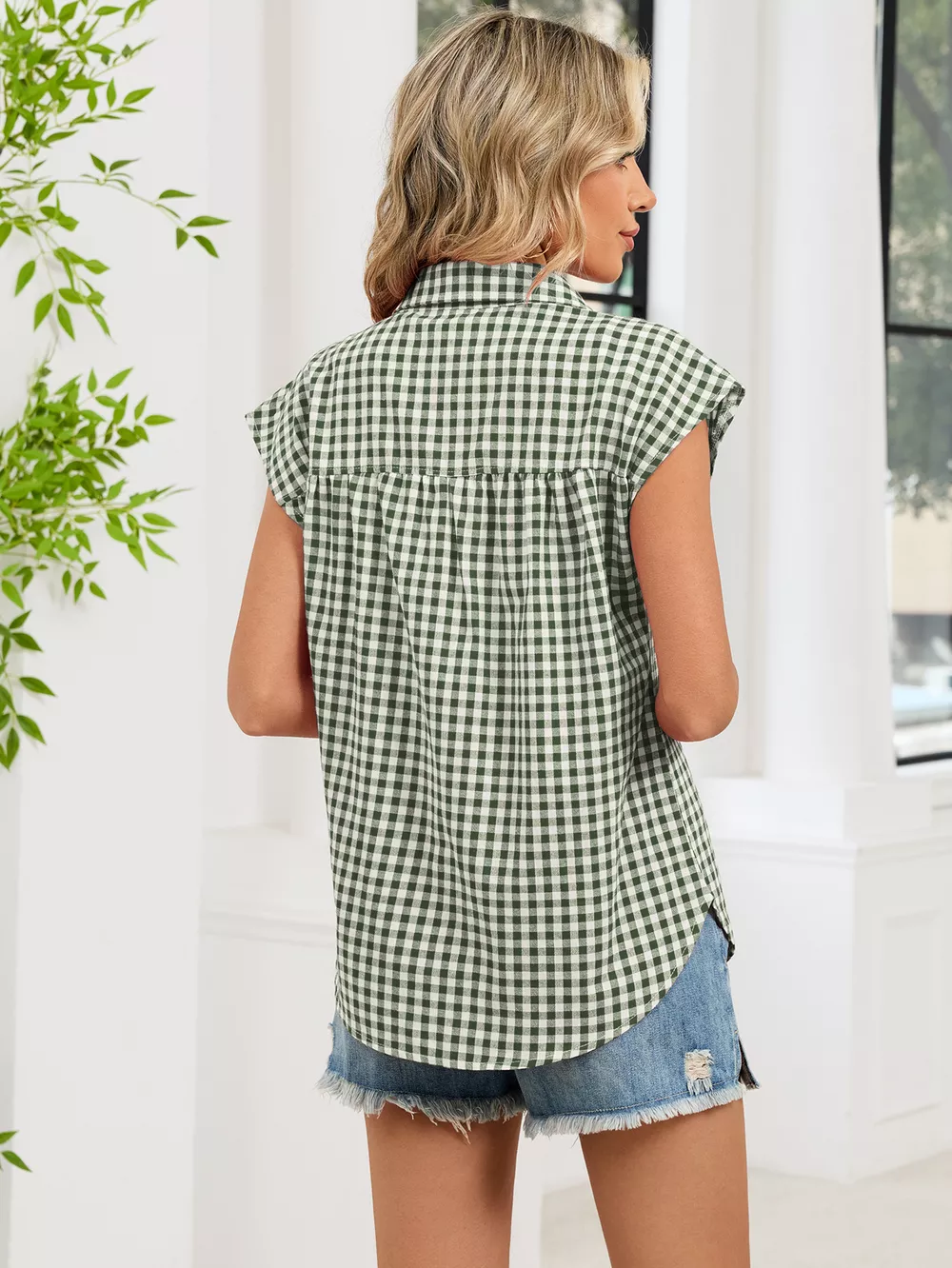 Plaid Button Up Cap Sleeve Shirt, image 28
