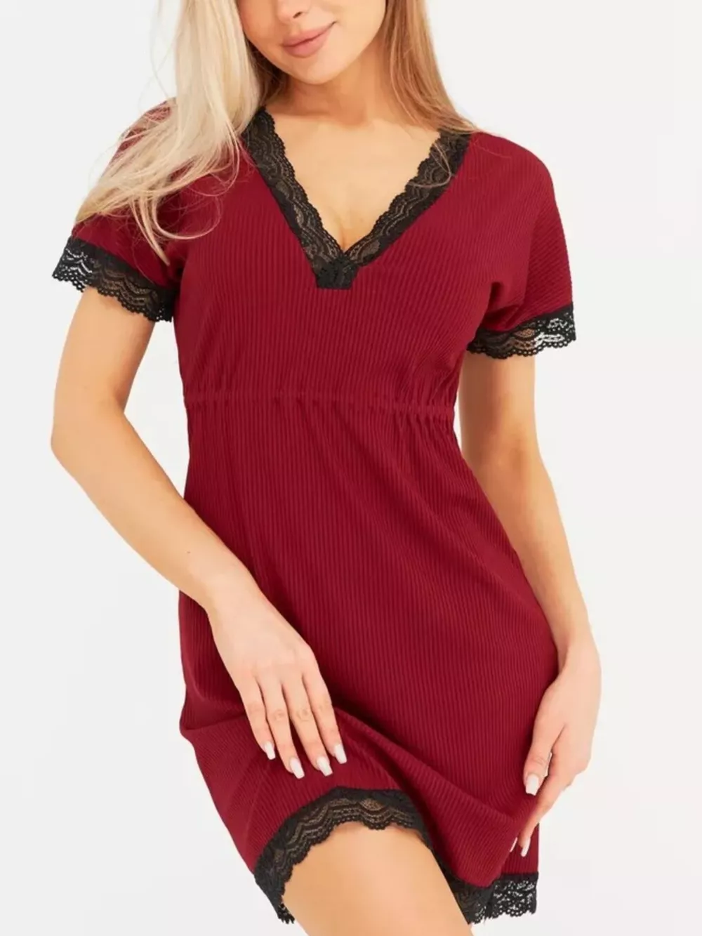 Full Size Ribbed Lace-Trim V-Neck Mini Dress Plus Size, image 6