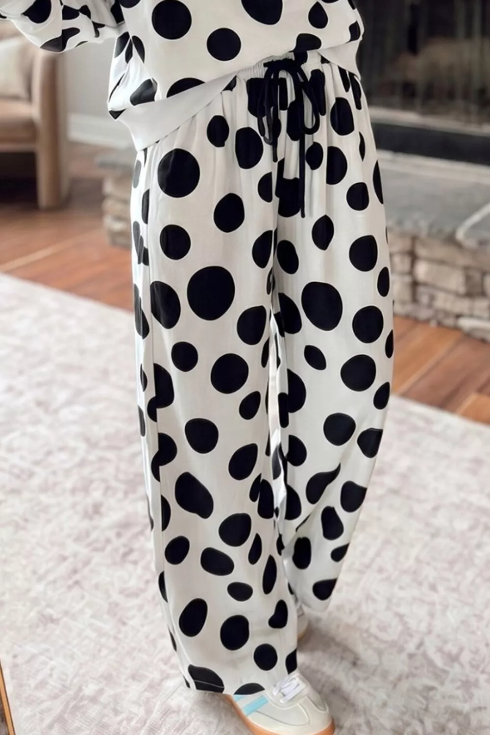 Polka Dot Print Long Sleeve Top and Wide Leg Pants Set, image 3