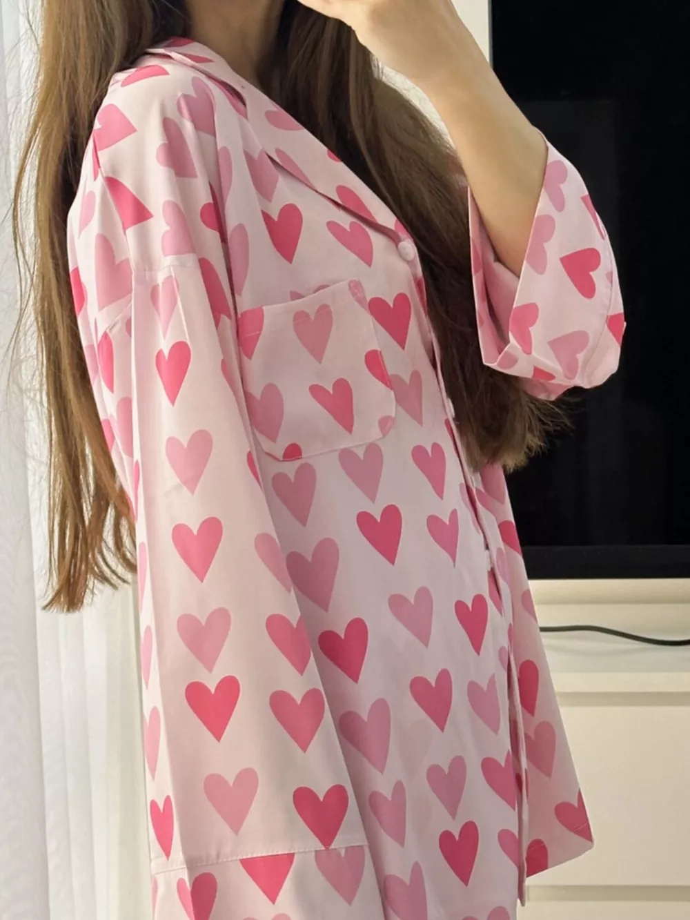 Heart Print Button Up Top and Pants Lounge Set, image 4