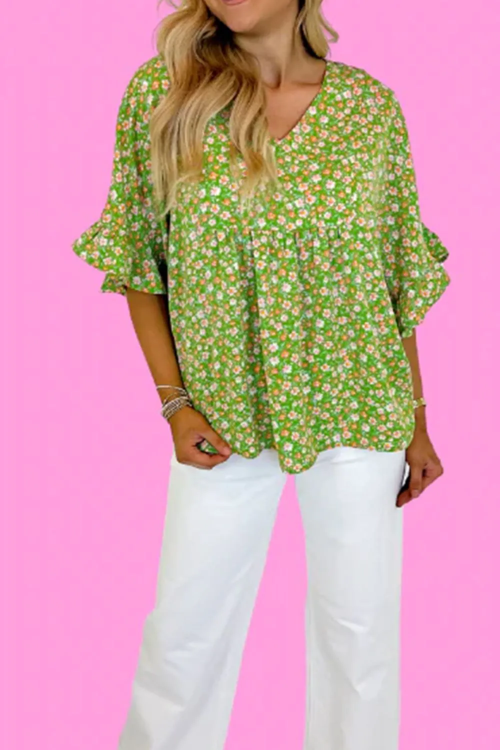 Ruffled Floral V-Neck Half Sleeve Blouse, image 3