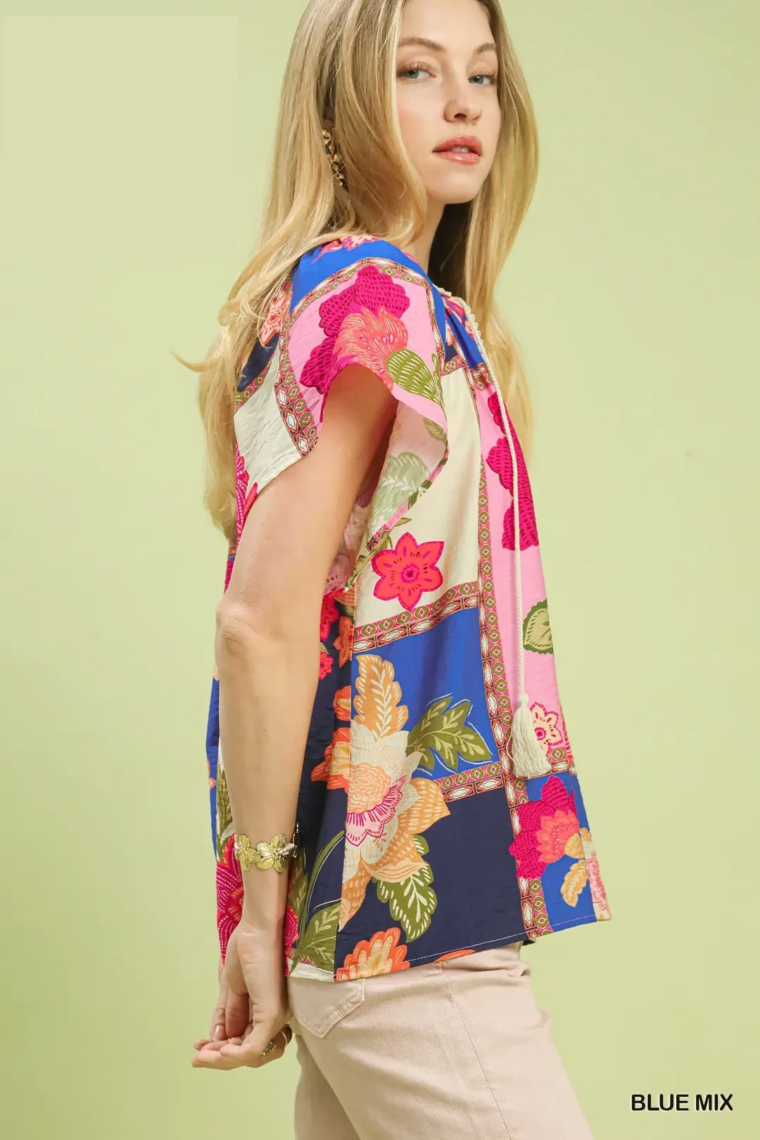 Mix Floral Patchwork Tassel Tie Top, image 2