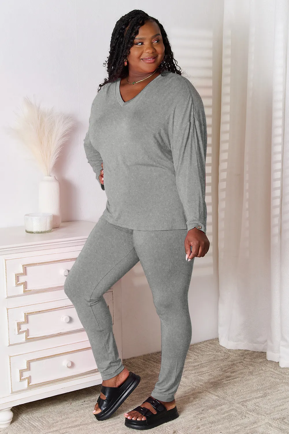 Bamboo Full Size V-Neck Long Sleeve Top and Pants Lounge Set, image 12