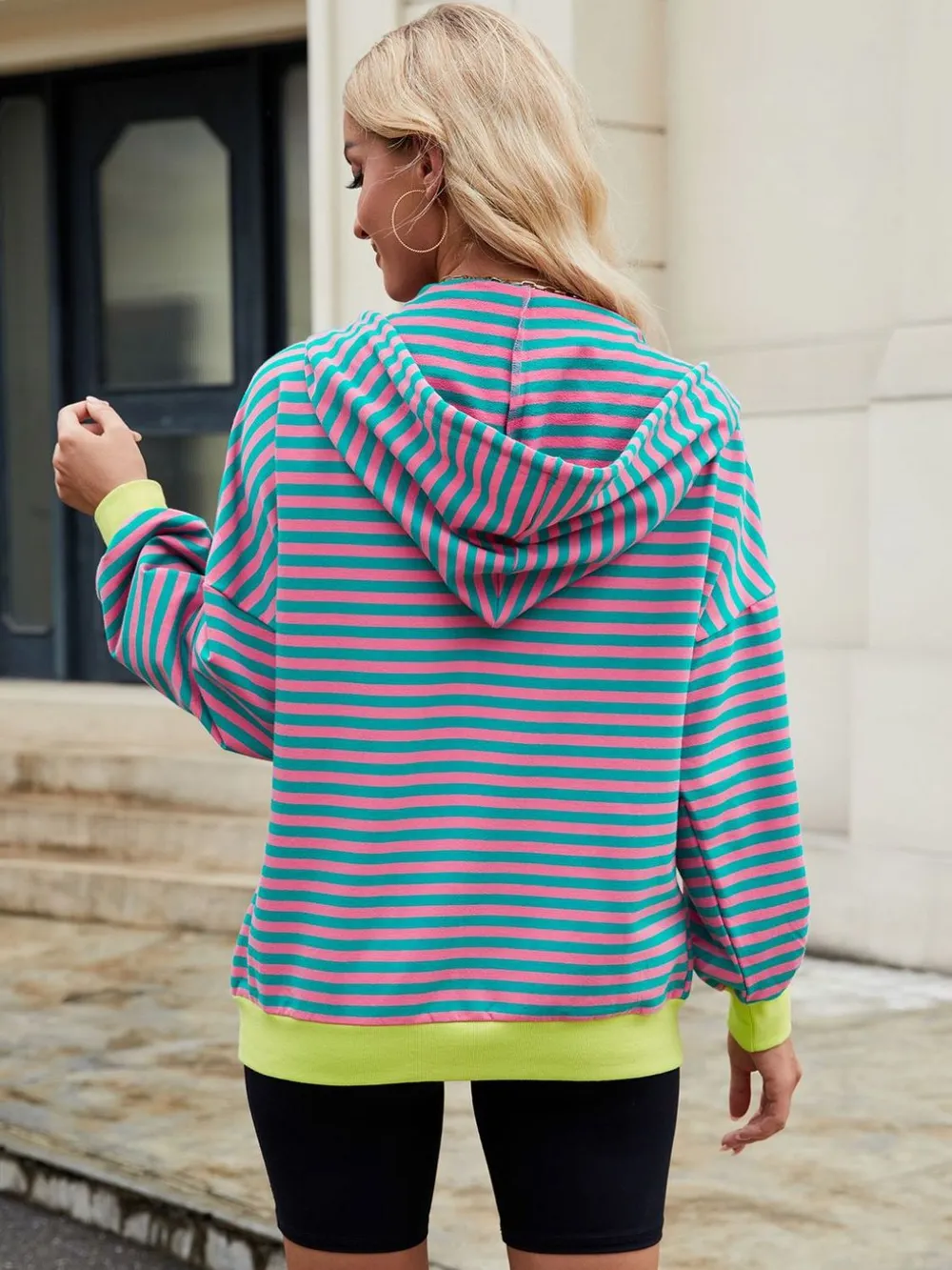 Drawstring Striped Zip Up Long Sleeve Hoodie, image 3