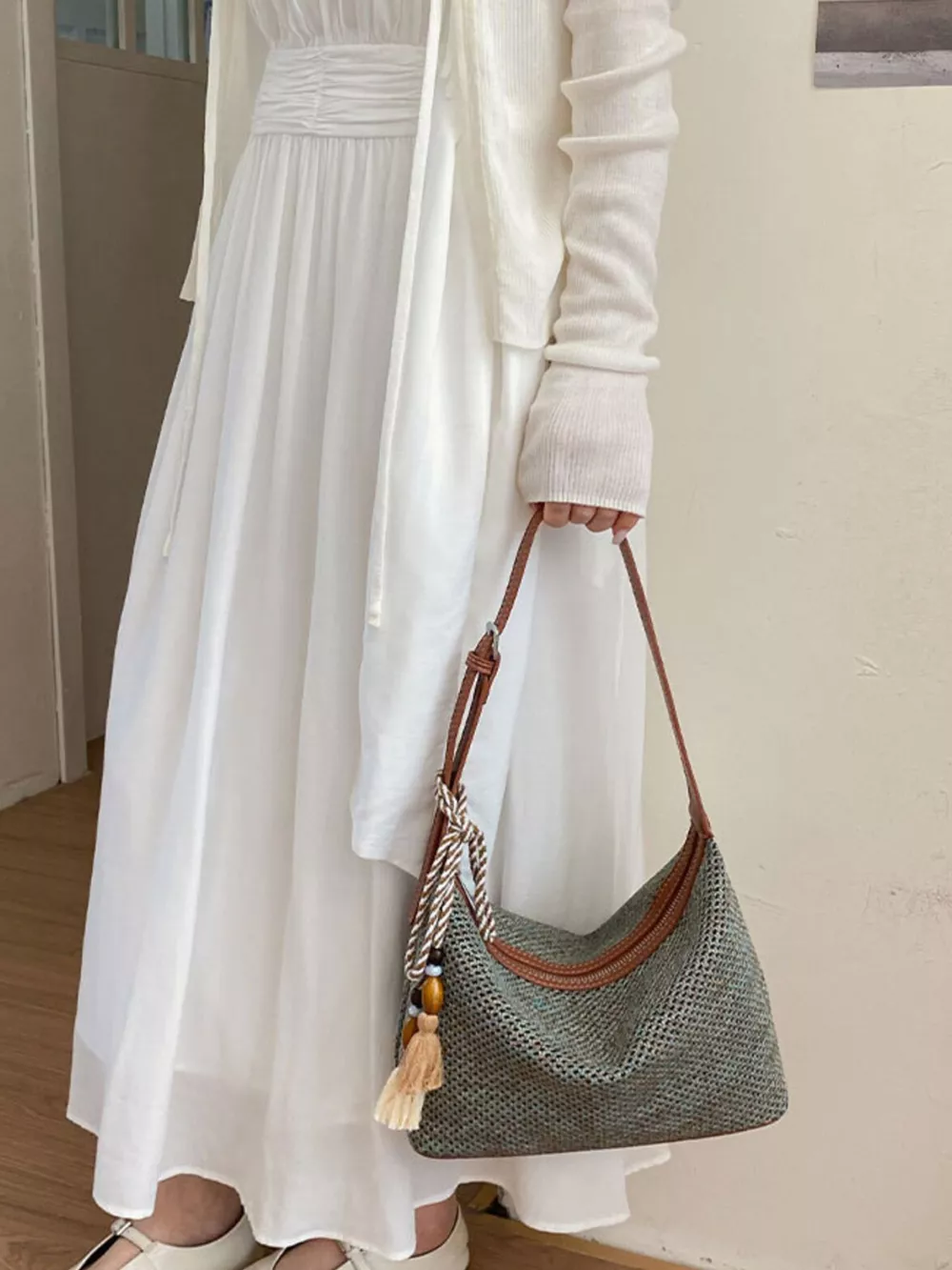 Woven Shoulder Bag with Tassel, image 16