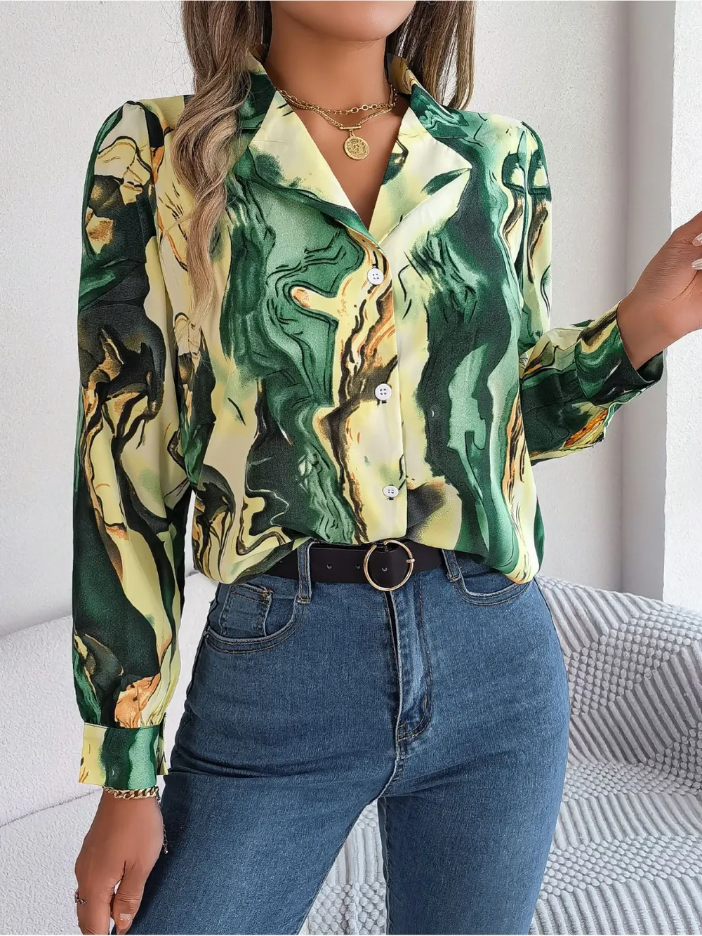Printed Button Up Long Sleeve Shirt, image 2