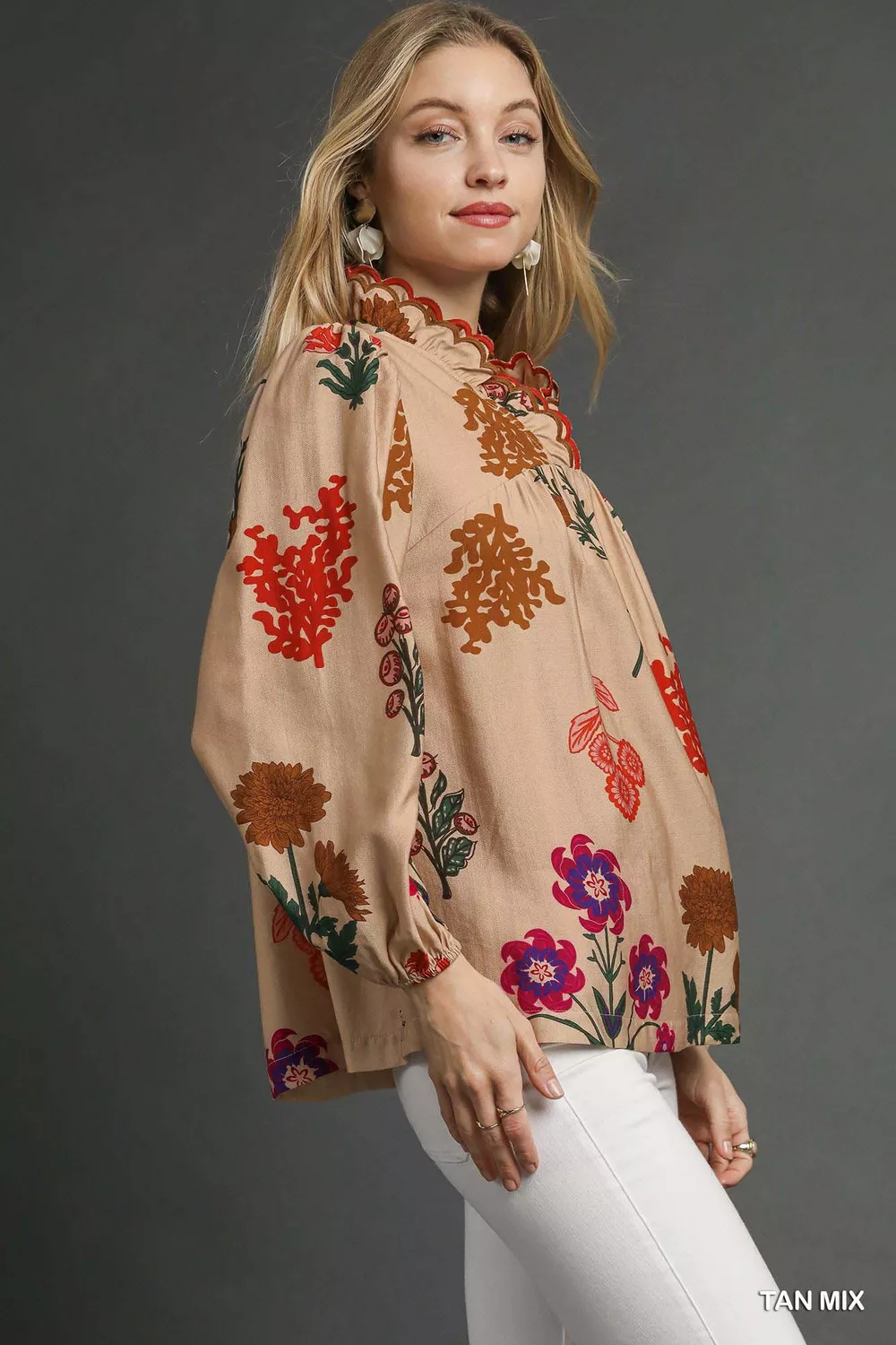 Flower Print Blouse with Scalloped Neckline, image 2