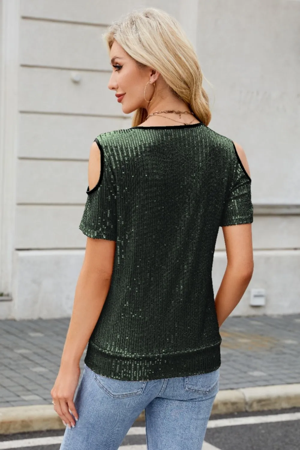 Sequin Cold Shoulder Short Sleeve Blouse, image 11