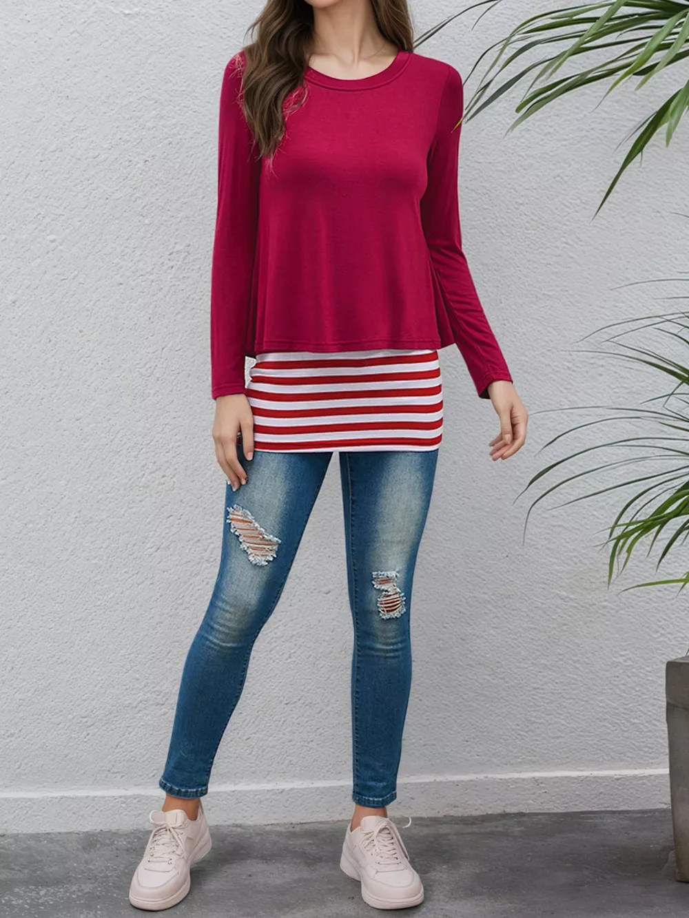 Layered Crew Neck Long Sleeve Striped T-Shirt, image 6