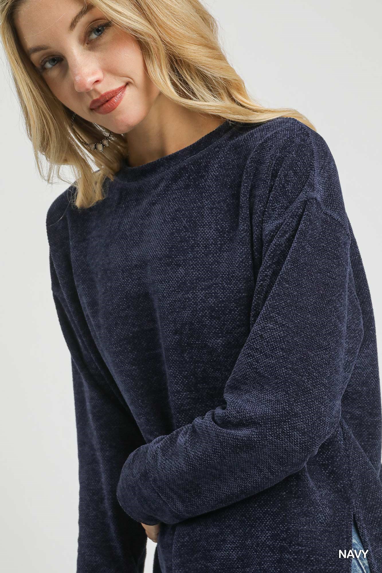Round Neck Long Sleeve Side Slit Top, image 5