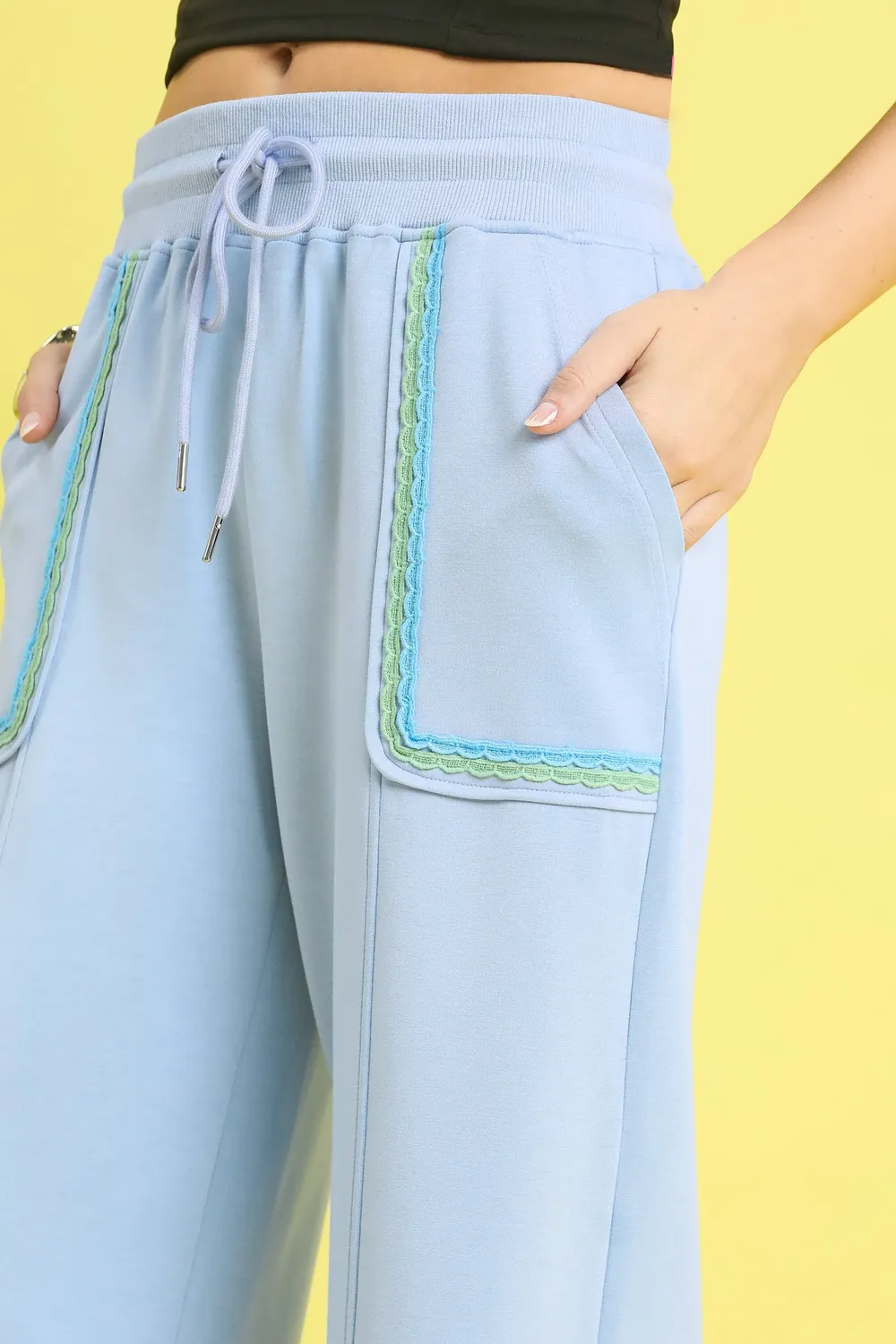 Drawstring Wide Leg Pants with Scallop Trim Detail, image 5
