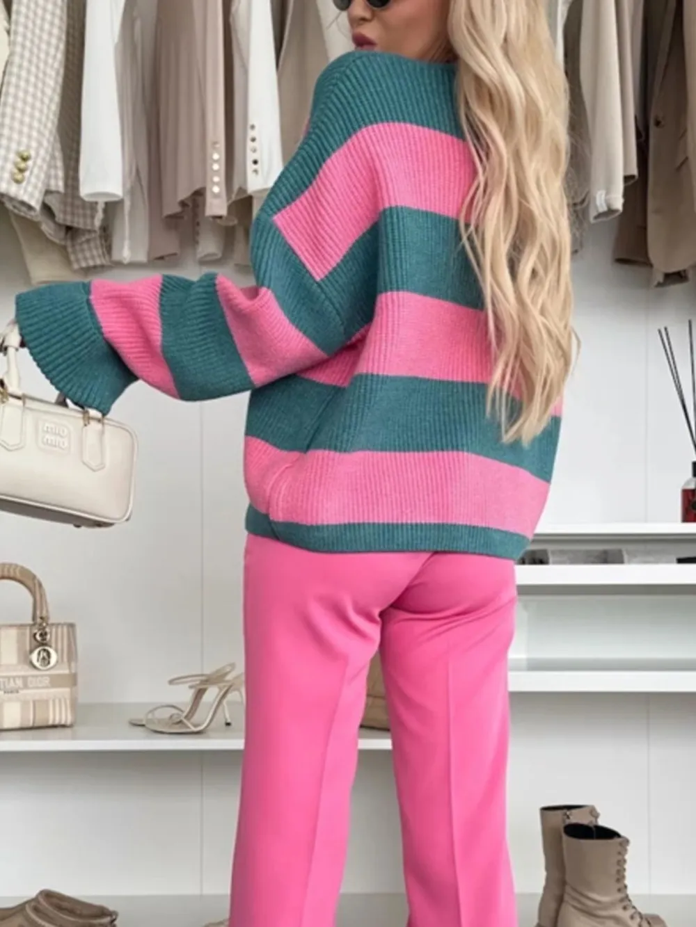 Color Block Striped V-Neck Button Front Cardigan, image 3