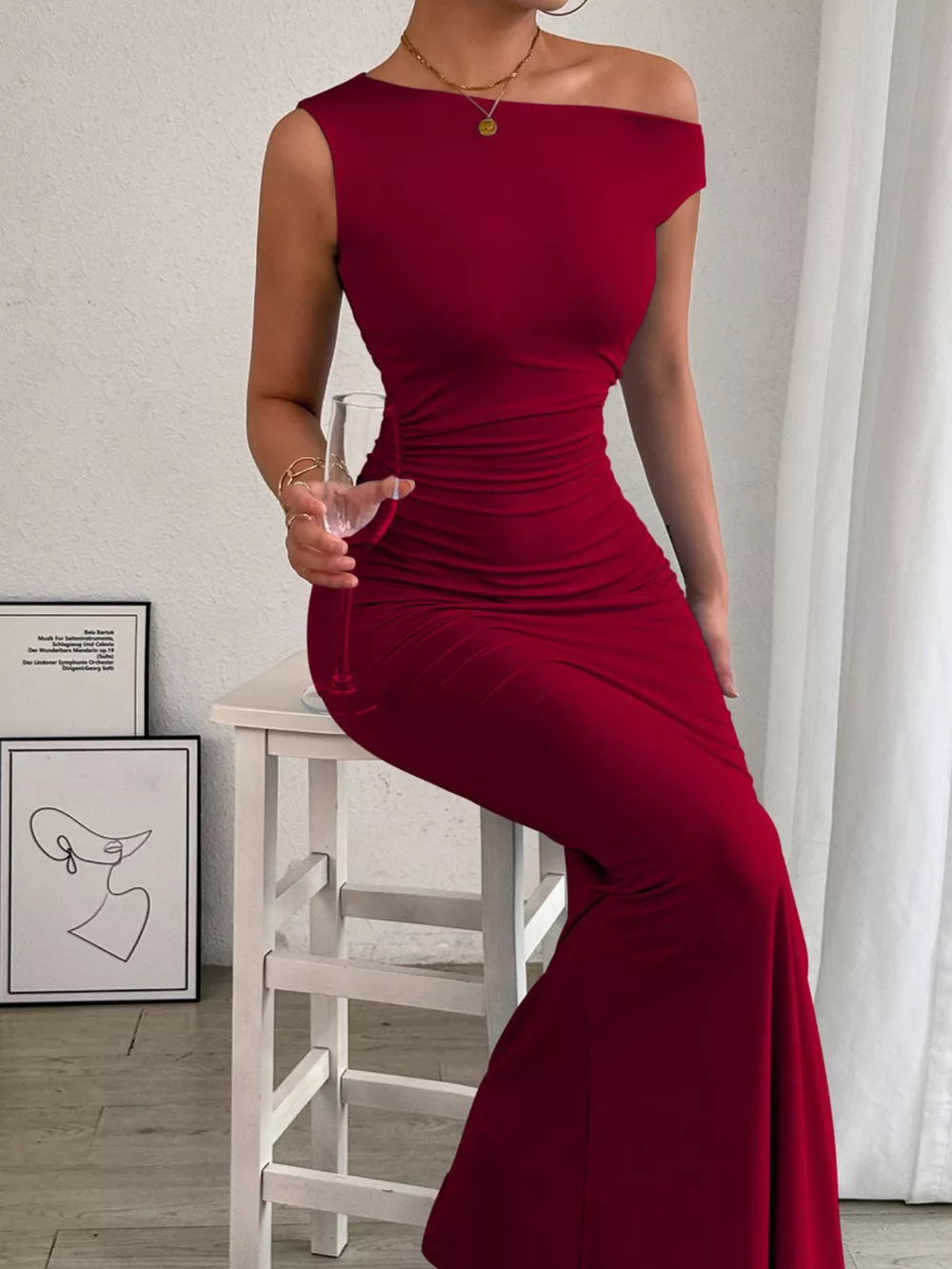 One-Shoulder Ruched Bodycon Maxi Dress, image 7