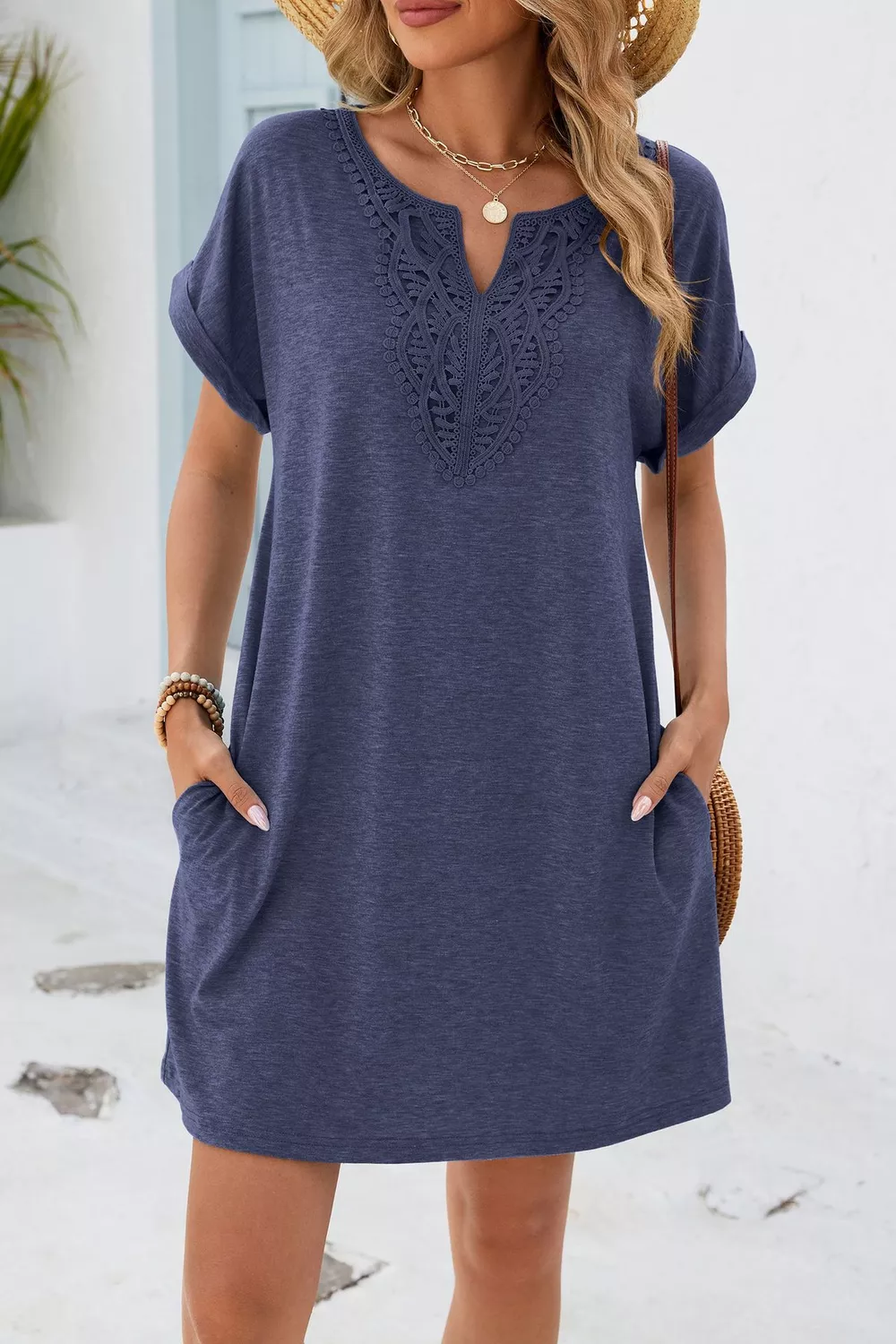 Lace Trim Notched Short Sleeve Dress, image 2