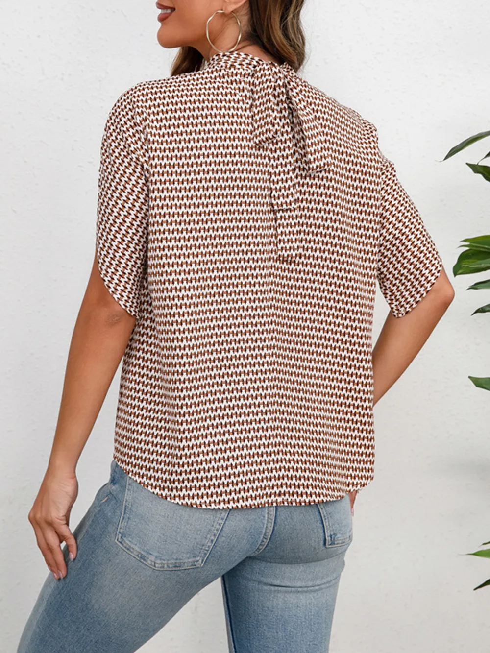 Printed Tie Neck Half Sleeve Blouse, image 2