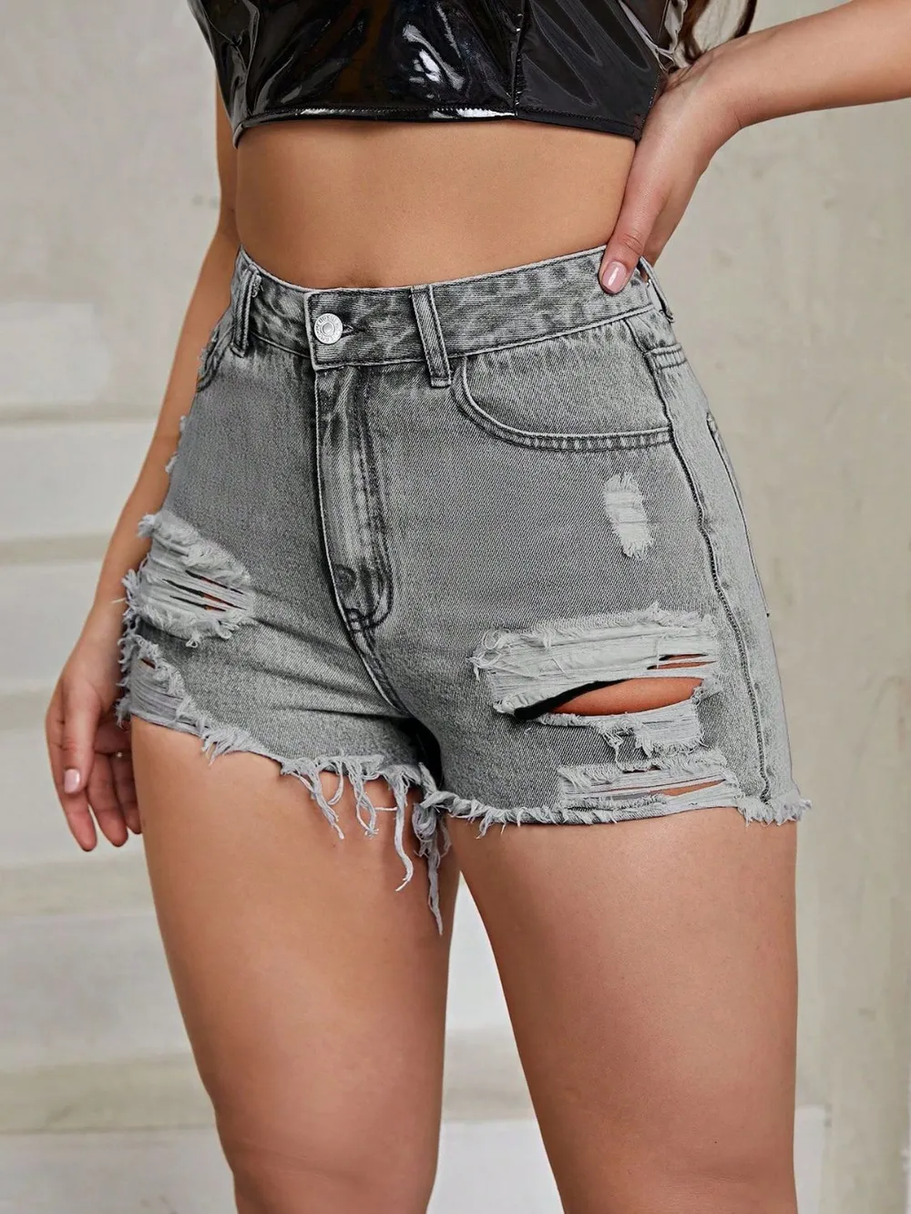 Distressed Raw Hem High Rise Denim Shorts, image 14