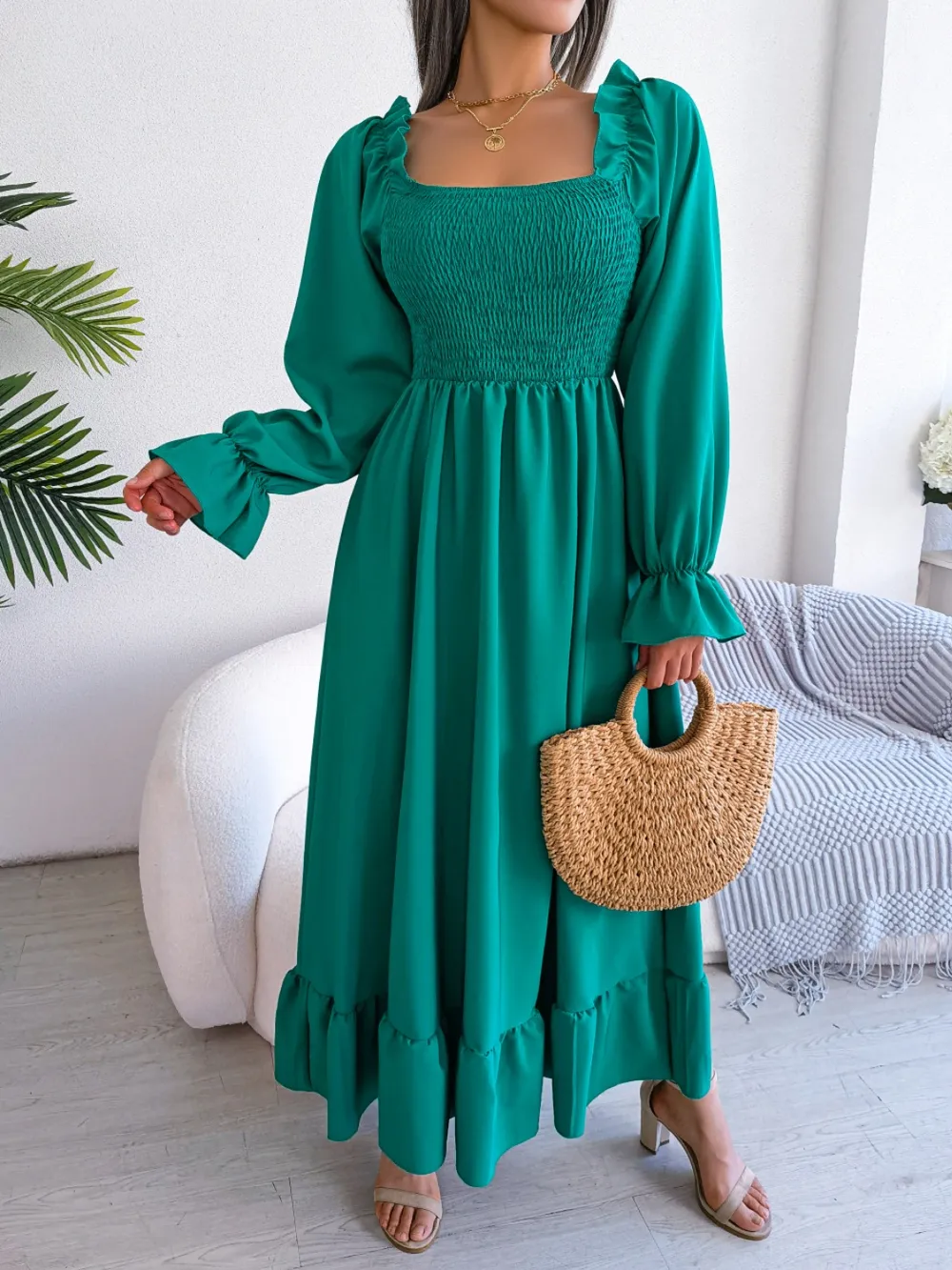 Smocked Square Neck Flounce Sleeve Dress, image 30