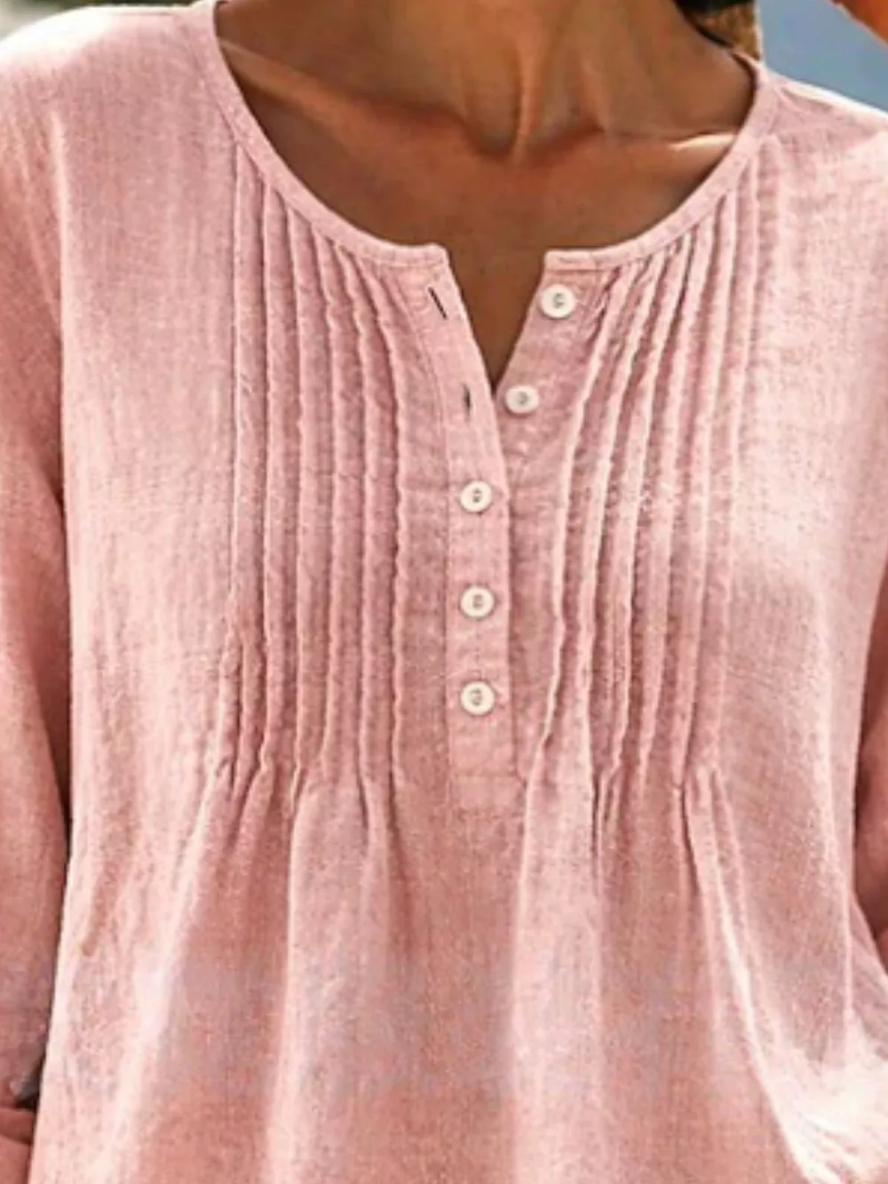 Casual Button Detail Long Sleeve Linen Shirt, image 8