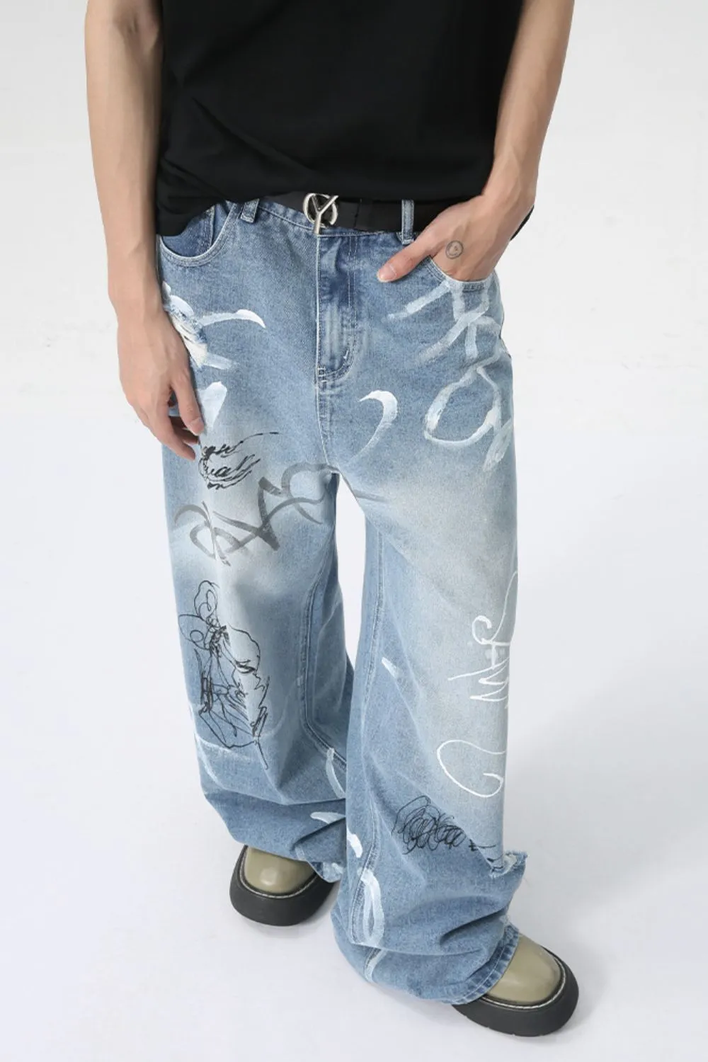 Mid Rise Graffiti Print Distressed Wide Leg Jeans, image 3
