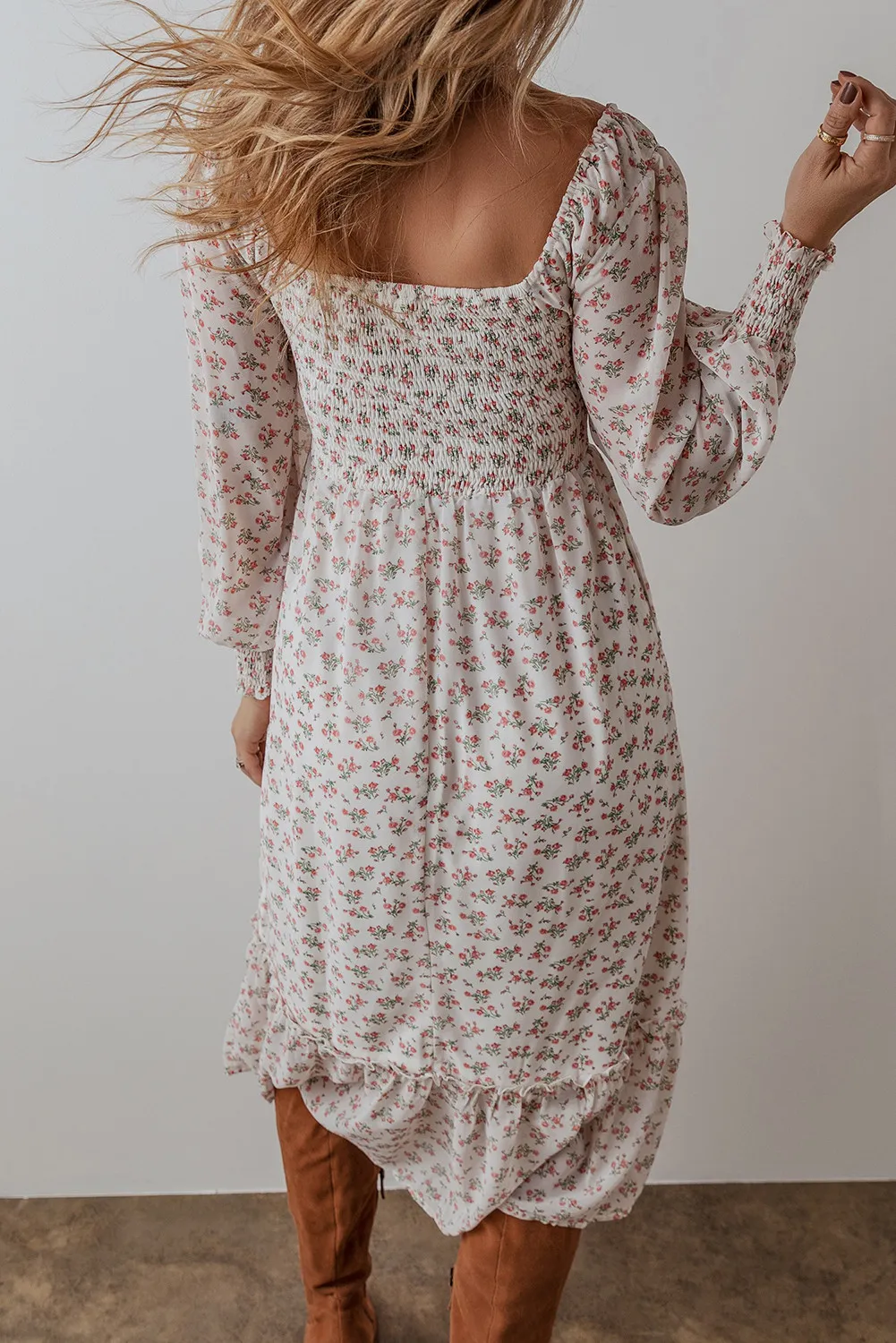 Smocked Floral Square Neck Long Sleeve Midi Dress, image 4