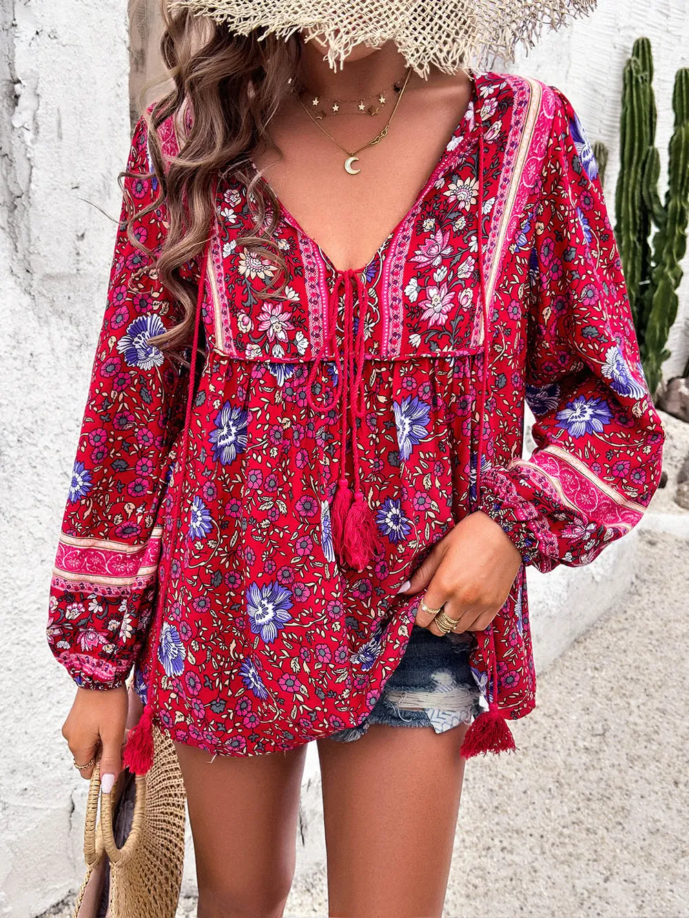 Printed Tie Neck Long Sleeve Blouse, image 10