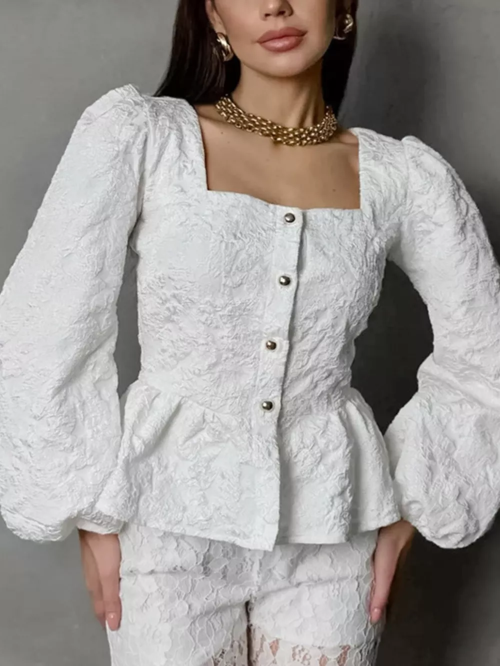 Textured Square Neck Balloon Sleeve Shirt, image 5