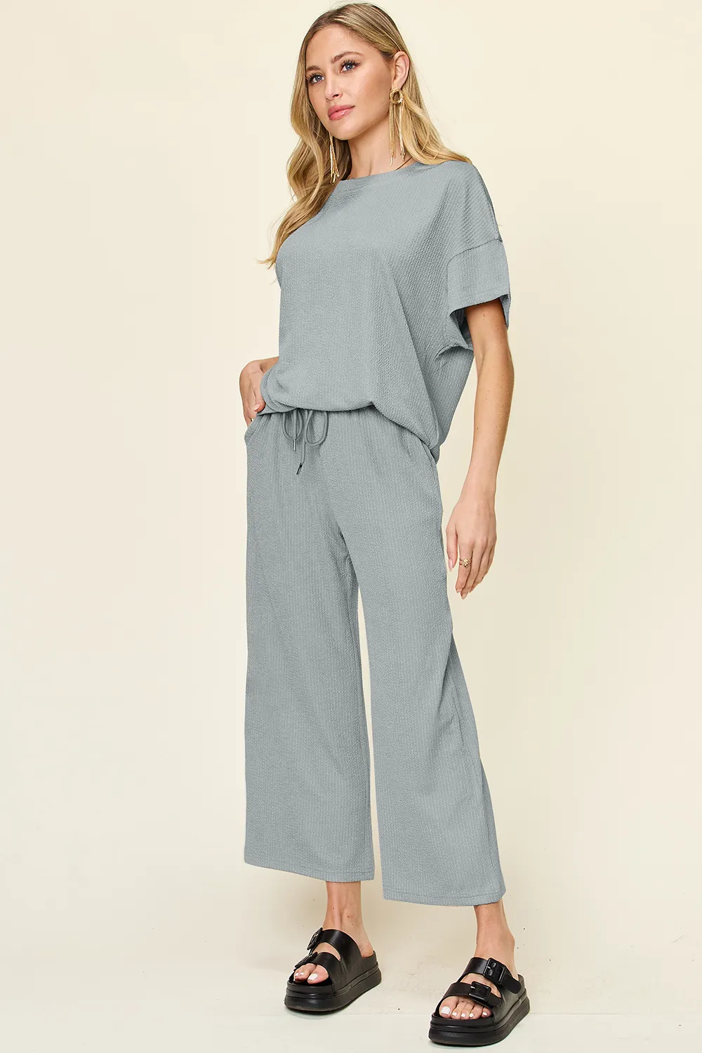 Full Size Texture Round Neck Short Sleeve T-Shirt and Wide Leg Pants, image 31