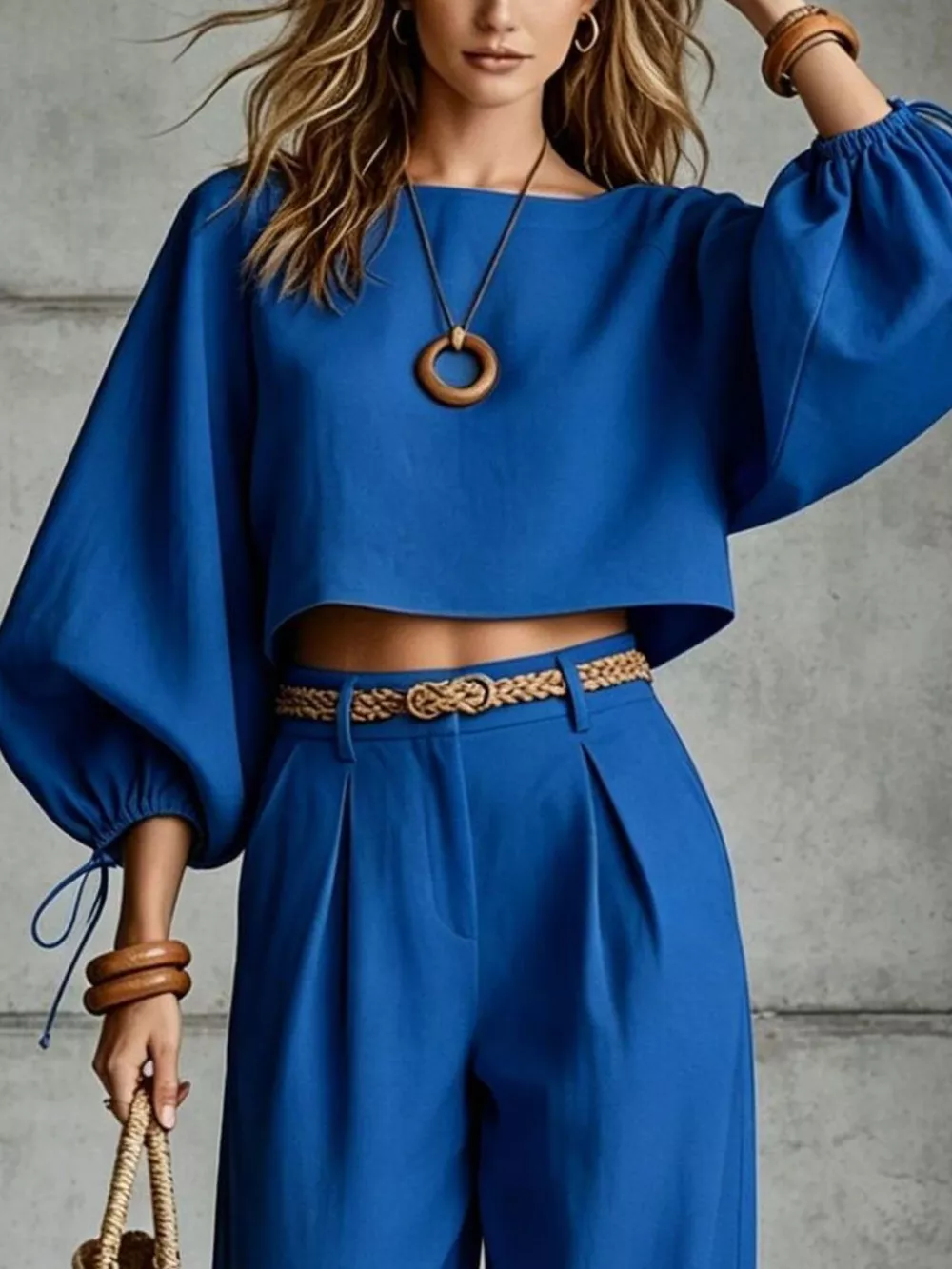 Balloon Sleeve Crop Top and Wide-Leg Pants Set, image 8