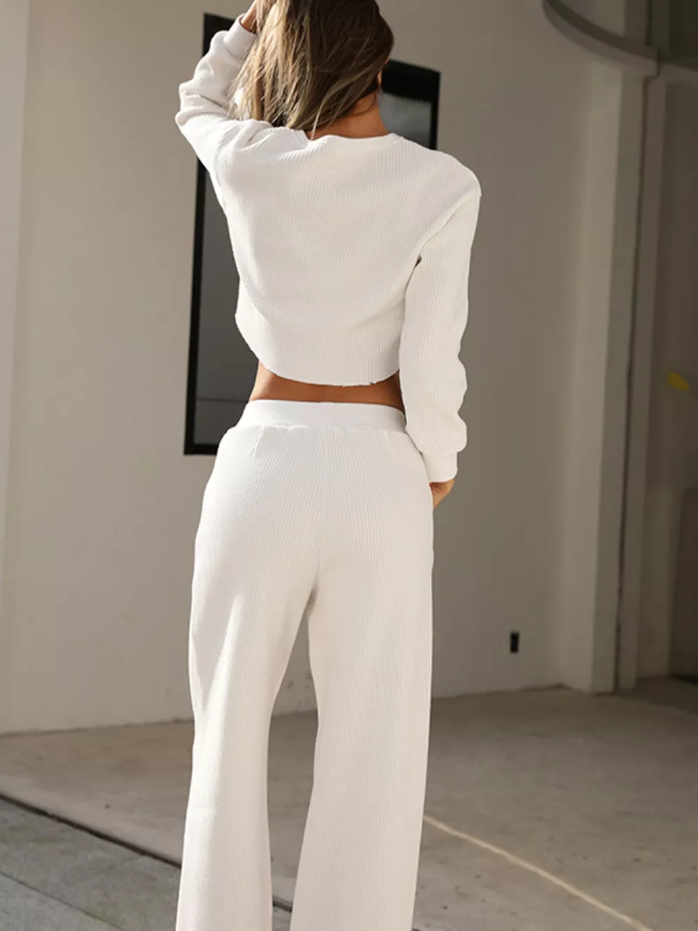 Waffle-Knit Round Neck Top and Pants Set, image 3
