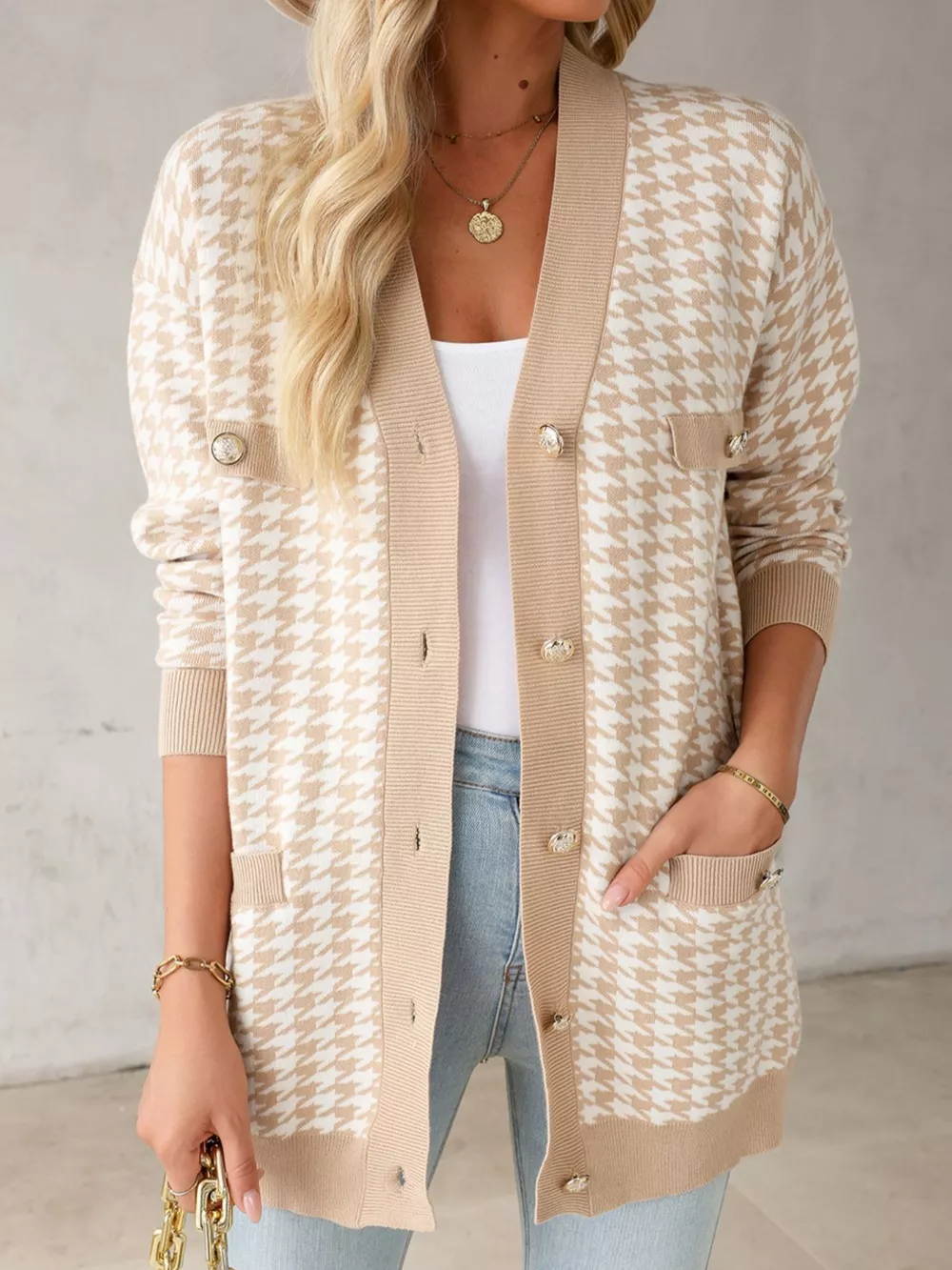 Contrast Edge Metal Button Slim Cardigan with Pockets, image 2