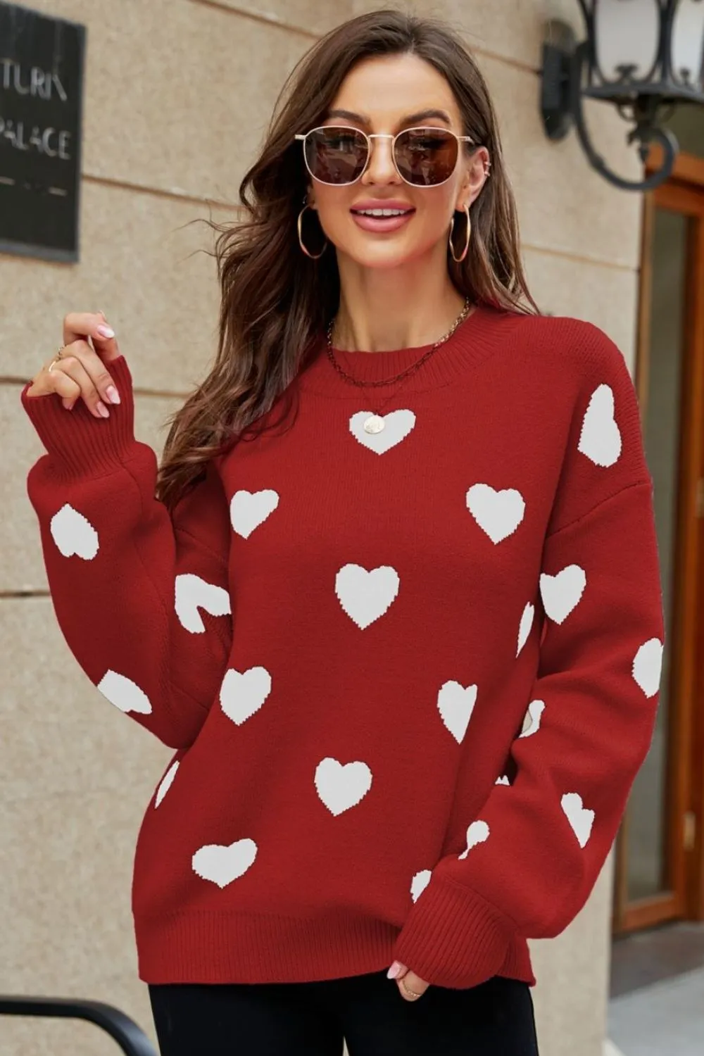 Heart Pattern Lantern Sleeve Round Neck Tunic Sweater, image 17